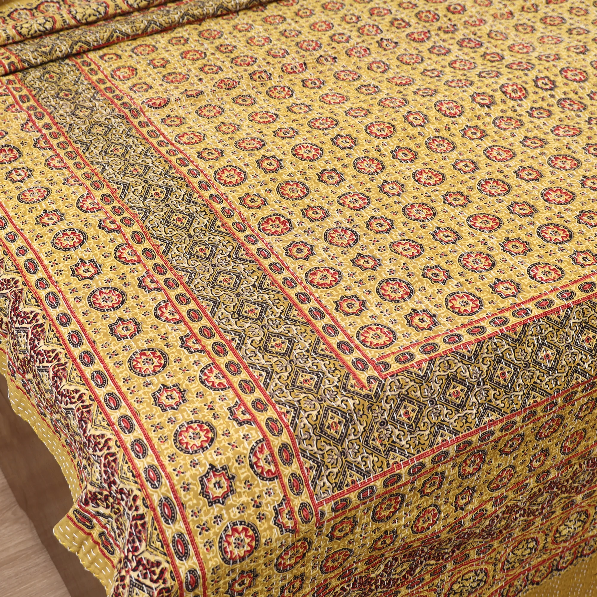 Yellow - Ajrakh Hand Block Print Tagai Work Double Bedsheet (108 x 90 in) 13 - Image 3