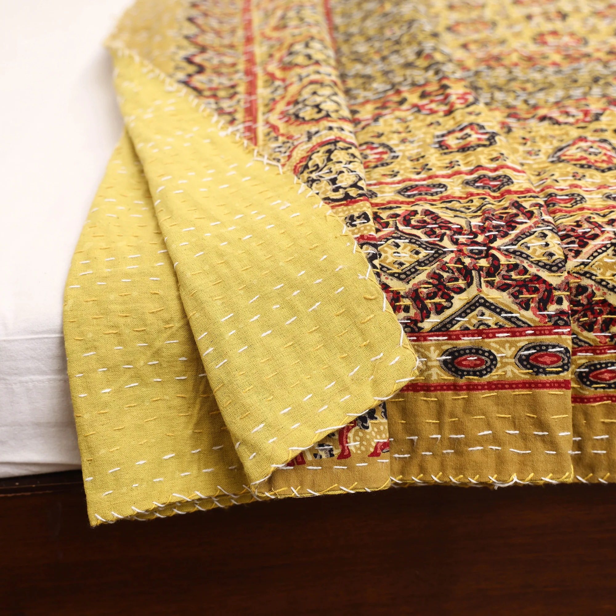 Yellow - Ajrakh Hand Block Print Tagai Work Double Bedsheet (108 x 90 in) 13 - Image 5