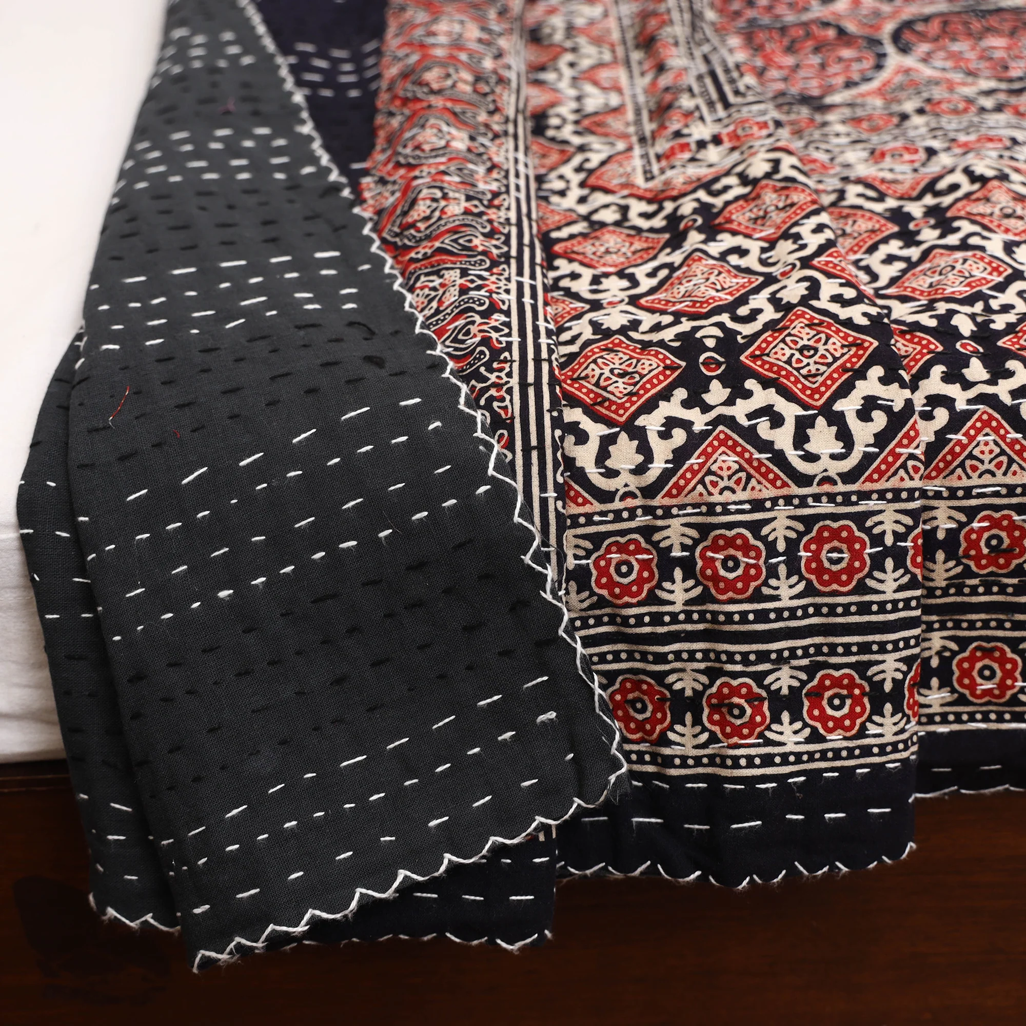 Red - Ajrakh Hand Block Print Tagai Work Double Bedsheet (108 x 90 in) 18 - Image 5