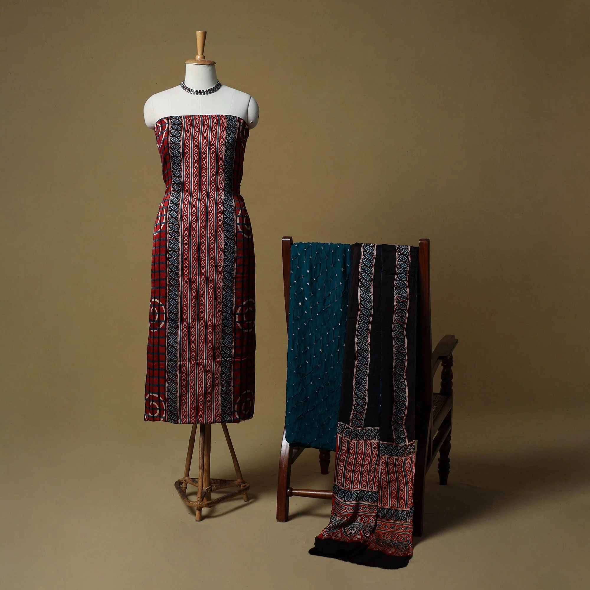 Red - Ajrakh Hand Block Print With Bandhani Modal Silk Natural Dyed 3pc Unstitched Dress Material Suit Set 09