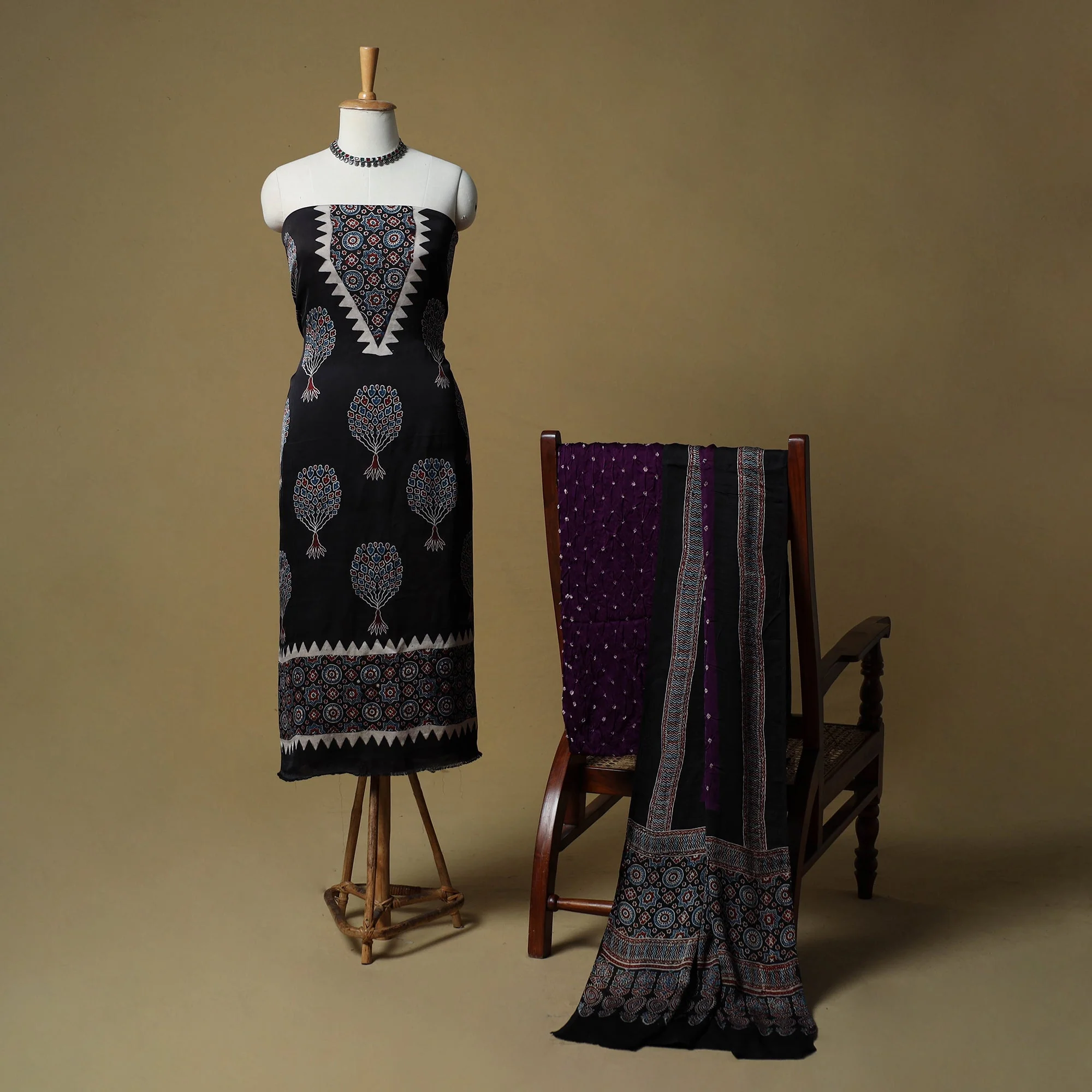 Black - Ajrakh Hand Block Print With Bandhani Modal Silk Natural Dyed 3pc Unstitched Dress Material Suit Set 10