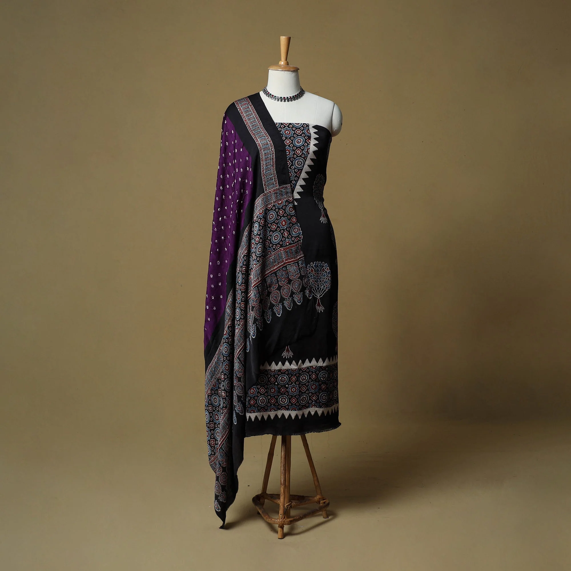 Black - Ajrakh Hand Block Print With Bandhani Modal Silk Natural Dyed 3pc Unstitched Dress Material Suit Set 10 - Image 2