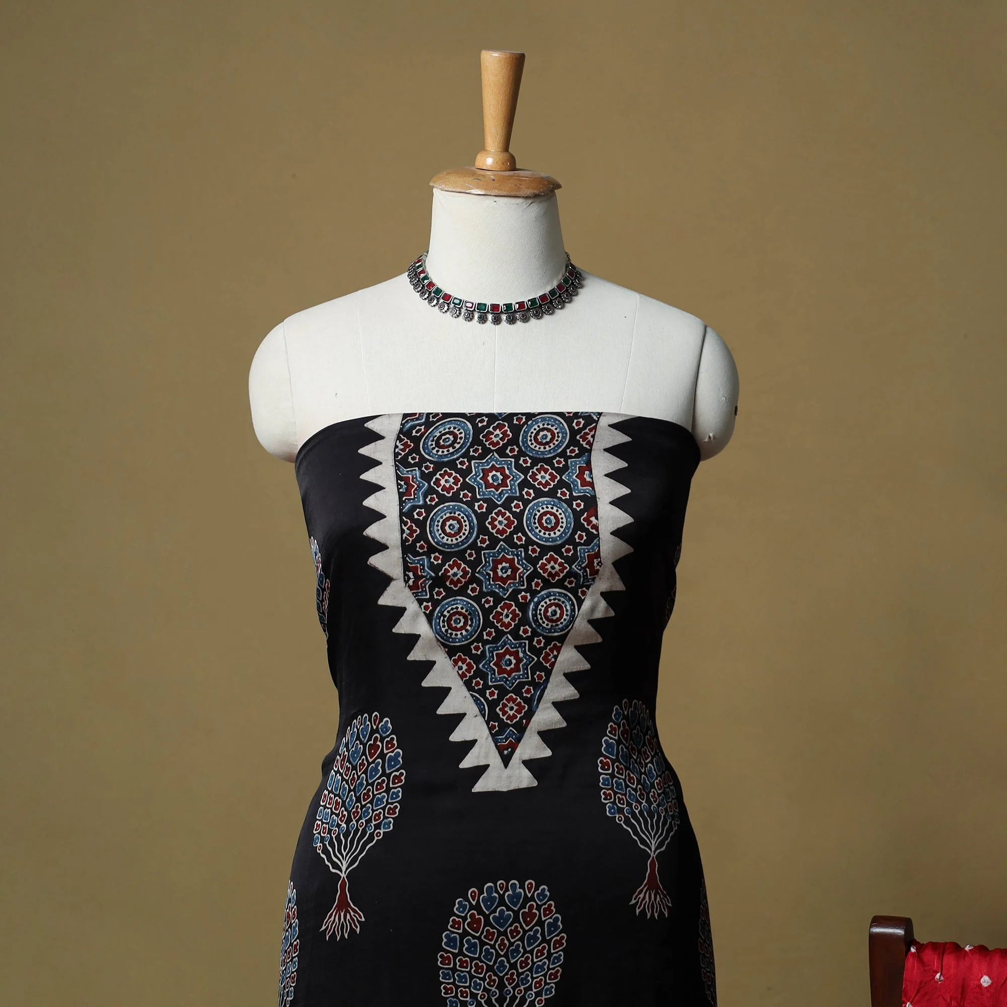 Black - Ajrakh Hand Block Print With Bandhani Modal Silk Natural Dyed 3pc Unstitched Dress Material Suit Set 11 - Image 3