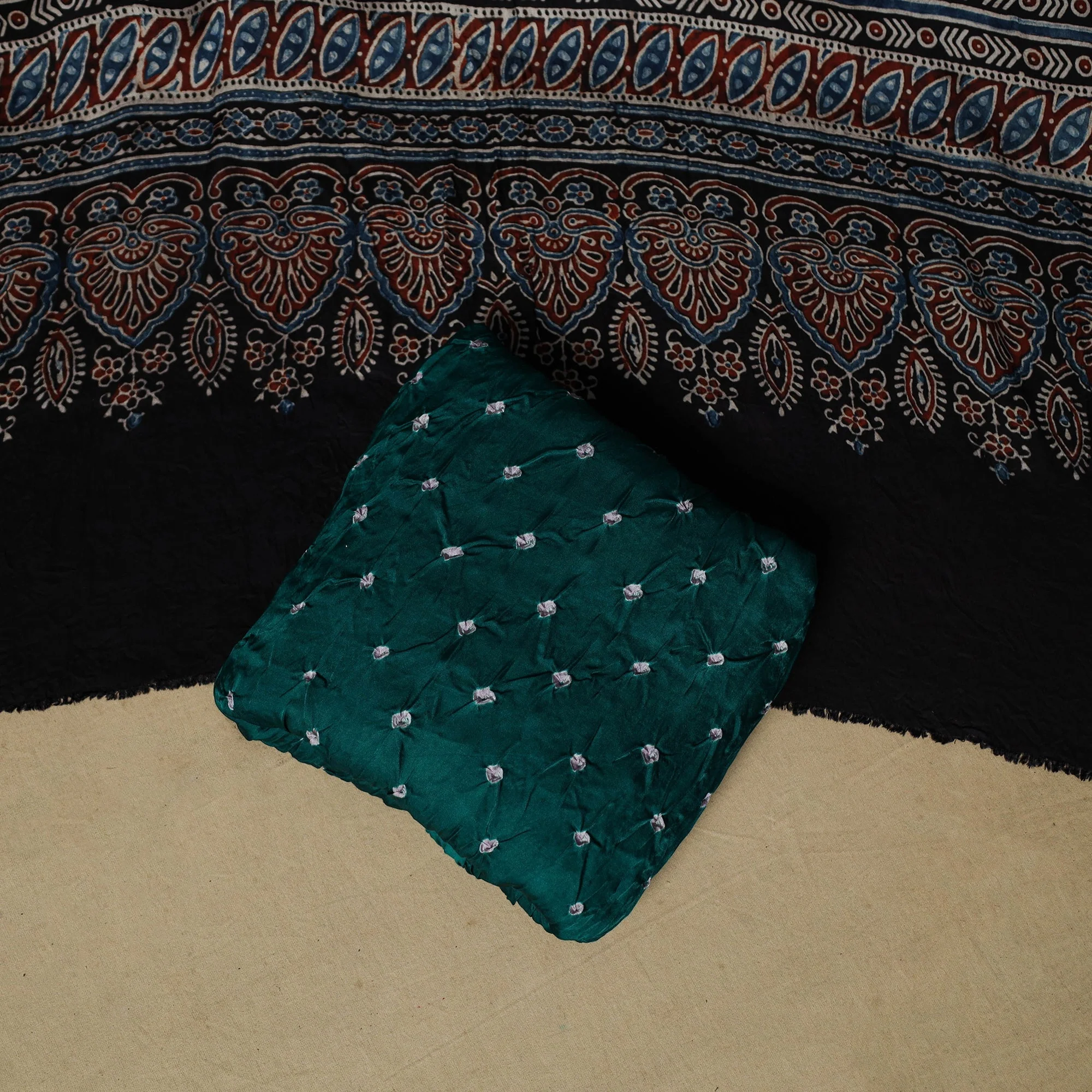 Black - Ajrakh Hand Block Print With Bandhani Modal Silk Natural Dyed 3pc Unstitched Dress Material Suit Set 12 - Image 5