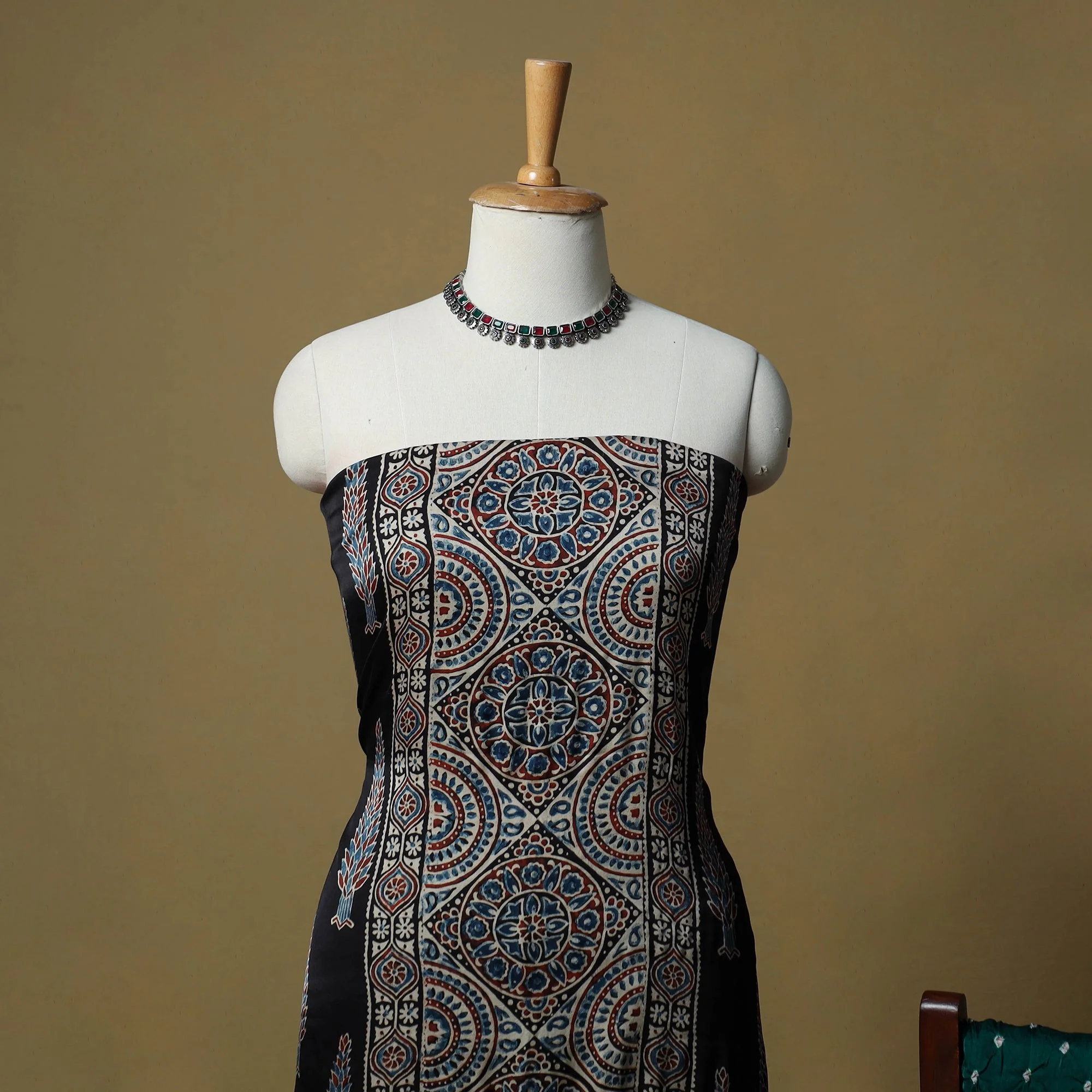 Black - Ajrakh Hand Block Print With Bandhani Modal Silk Natural Dyed 3pc Unstitched Dress Material Suit Set 13 - Image 3