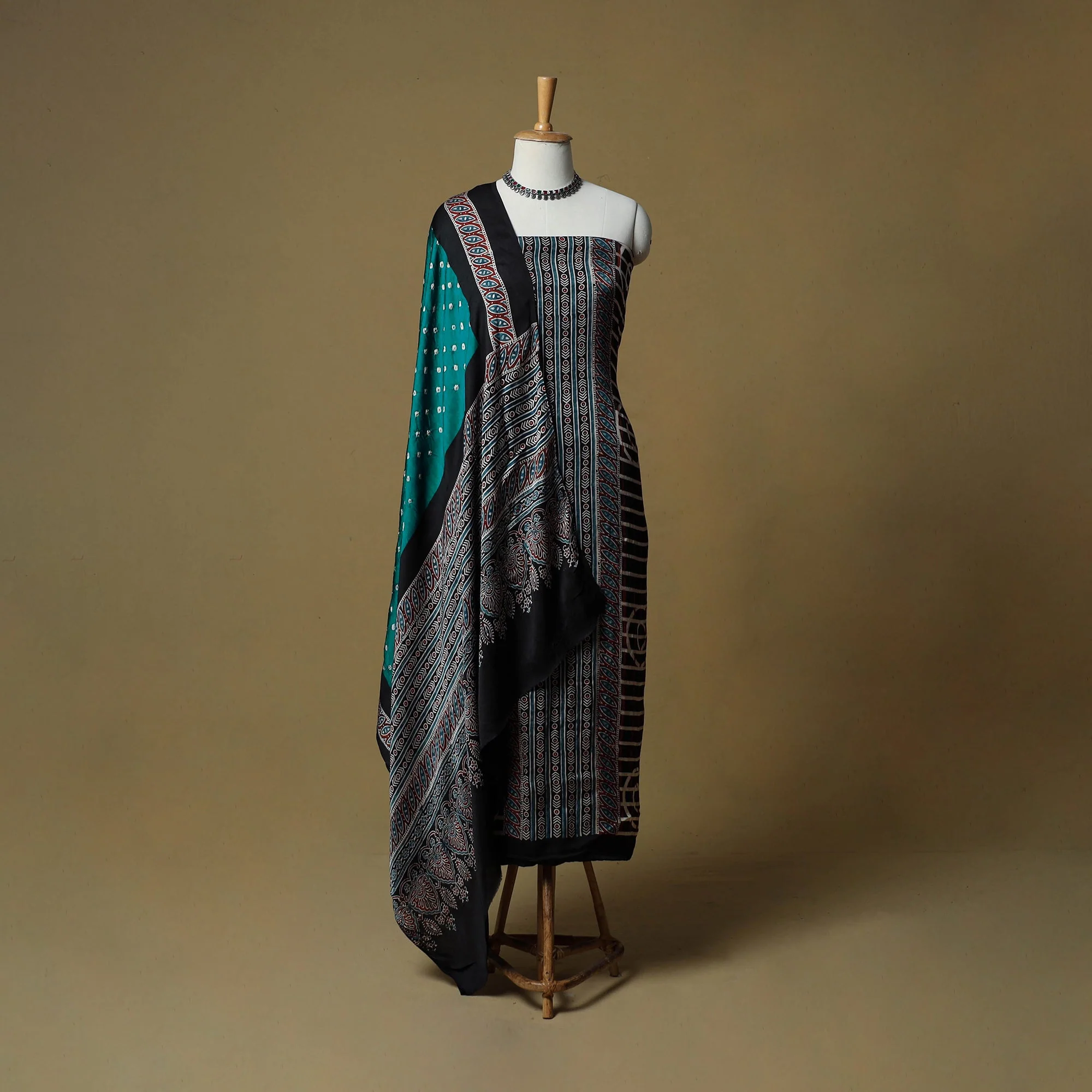 Black - Ajrakh Hand Block Print With Bandhani Modal Silk Natural Dyed 3pc Unstitched Dress Material Suit Set 14 - Image 2
