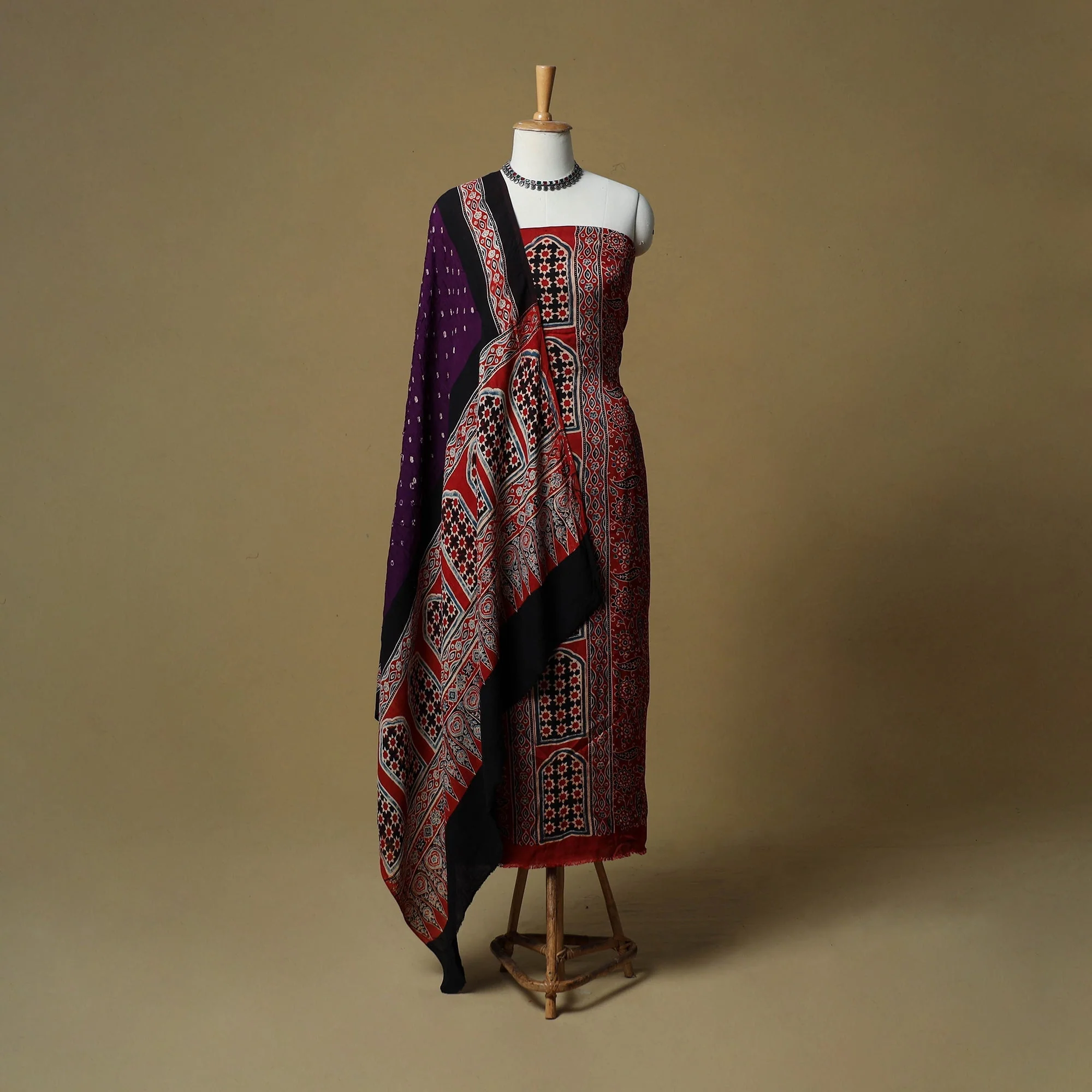 Red - Ajrakh Hand Block Print With Bandhani Modal Silk Natural Dyed 3pc Unstitched Dress Material Suit Set 16 - Image 2