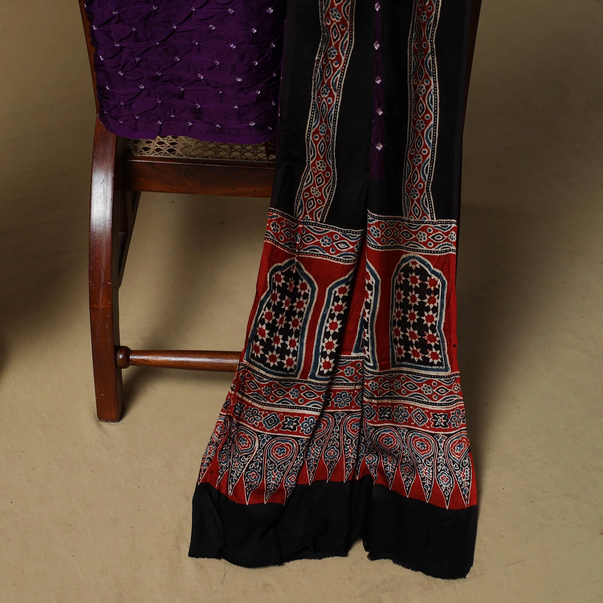 Red - Ajrakh Hand Block Print With Bandhani Modal Silk Natural Dyed 3pc Unstitched Dress Material Suit Set 16 - Image 4