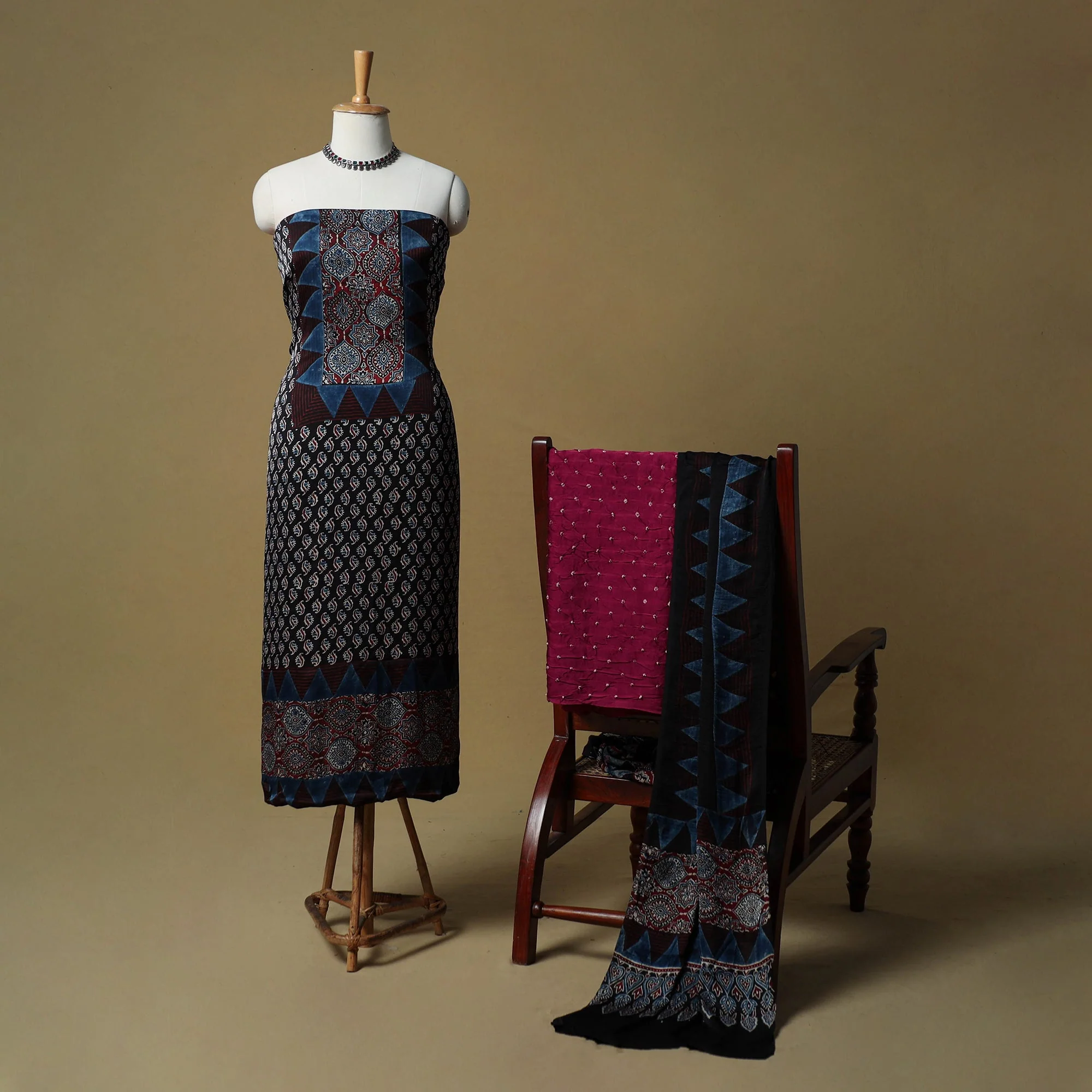 Black - Ajrakh Hand Block Print With Bandhani Modal Silk Natural Dyed 3pc Unstitched Dress Material Suit Set 17