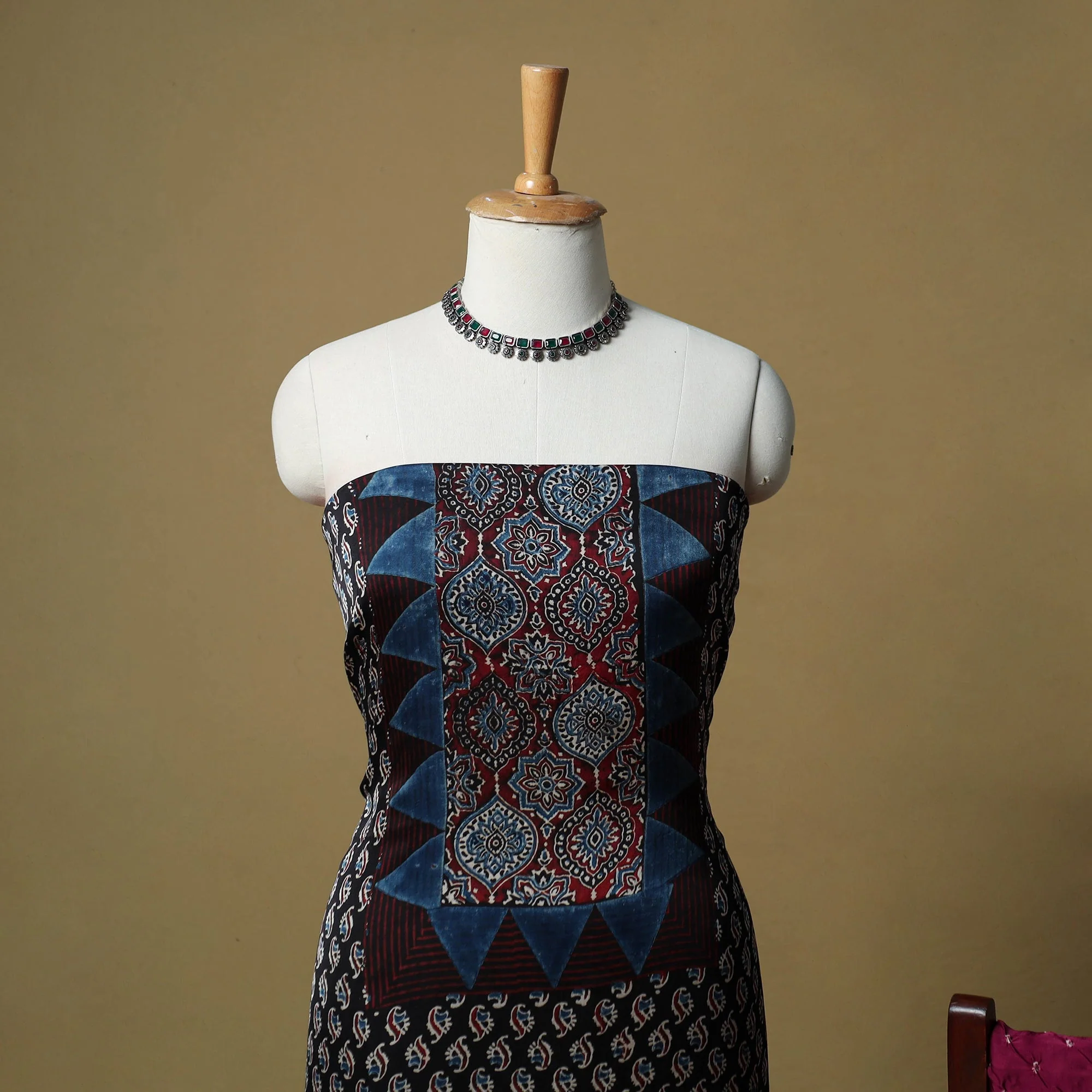 Black - Ajrakh Hand Block Print With Bandhani Modal Silk Natural Dyed 3pc Unstitched Dress Material Suit Set 17 - Image 3