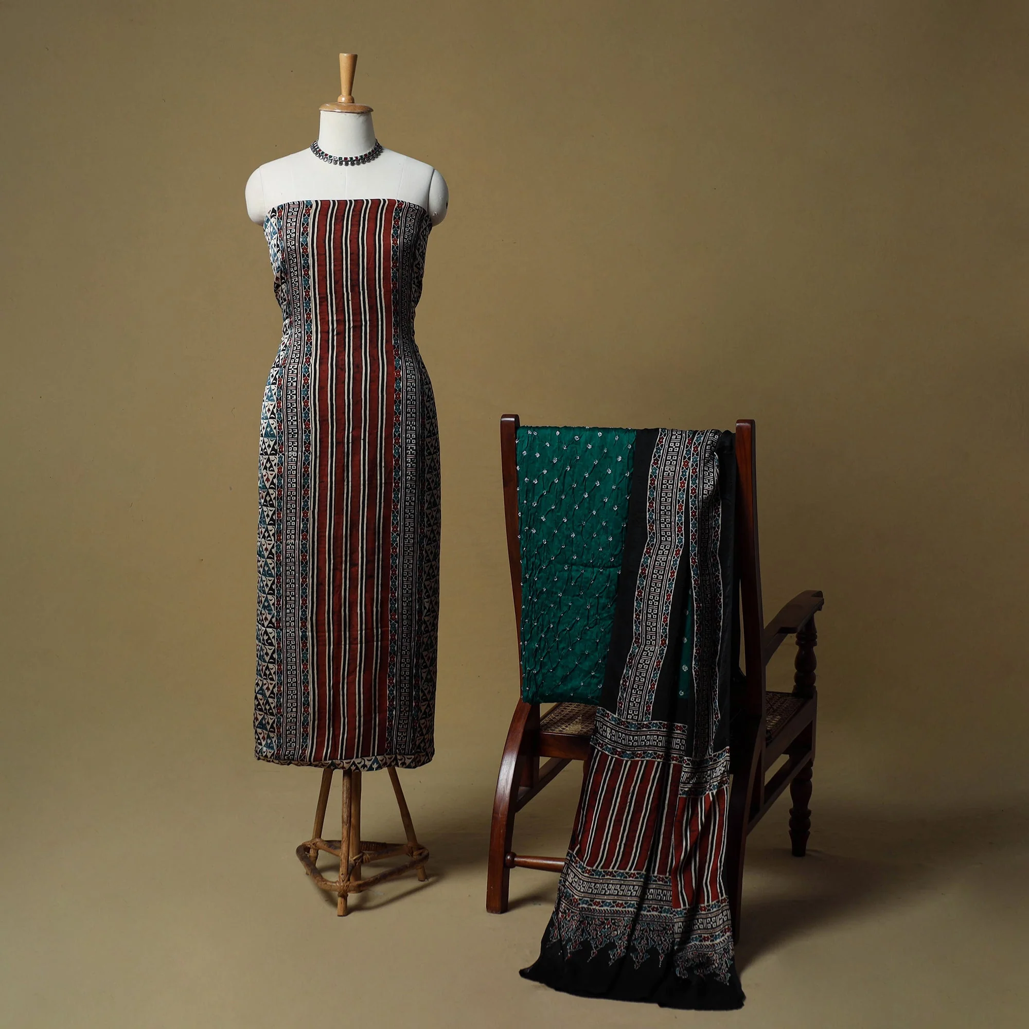 Multicolor - Ajrakh Hand Block Print With Bandhani Modal Silk Natural Dyed 3pc Unstitched Dress Material Suit Set 18