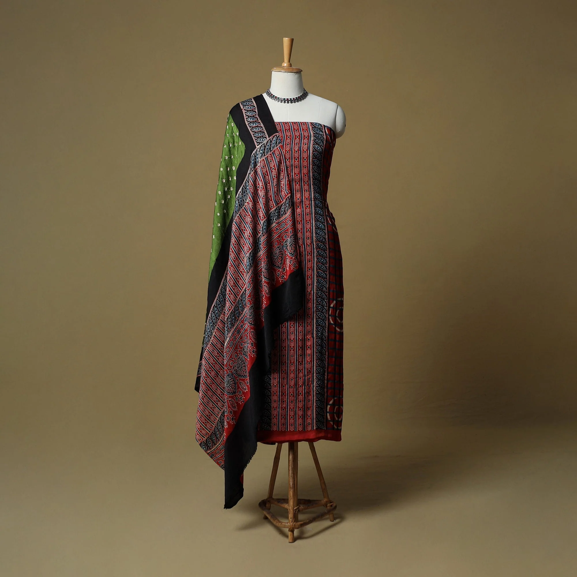 Red - Ajrakh Hand Block Print With Bandhani Modal Silk Natural Dyed 3pc Unstitched Dress Material Suit Set 19 - Image 2