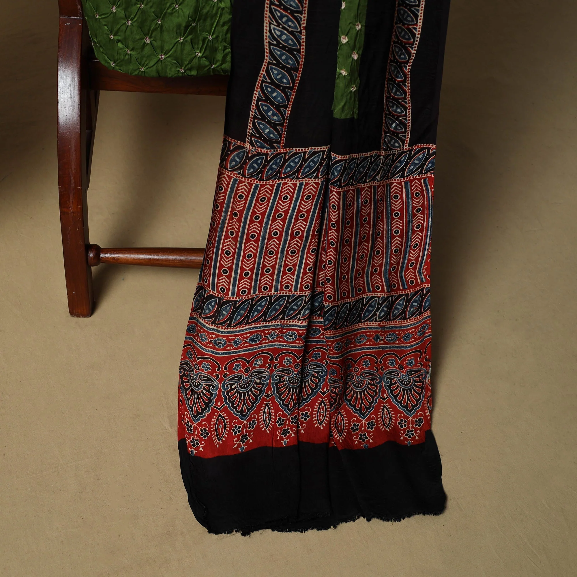 Red - Ajrakh Hand Block Print With Bandhani Modal Silk Natural Dyed 3pc Unstitched Dress Material Suit Set 19 - Image 4