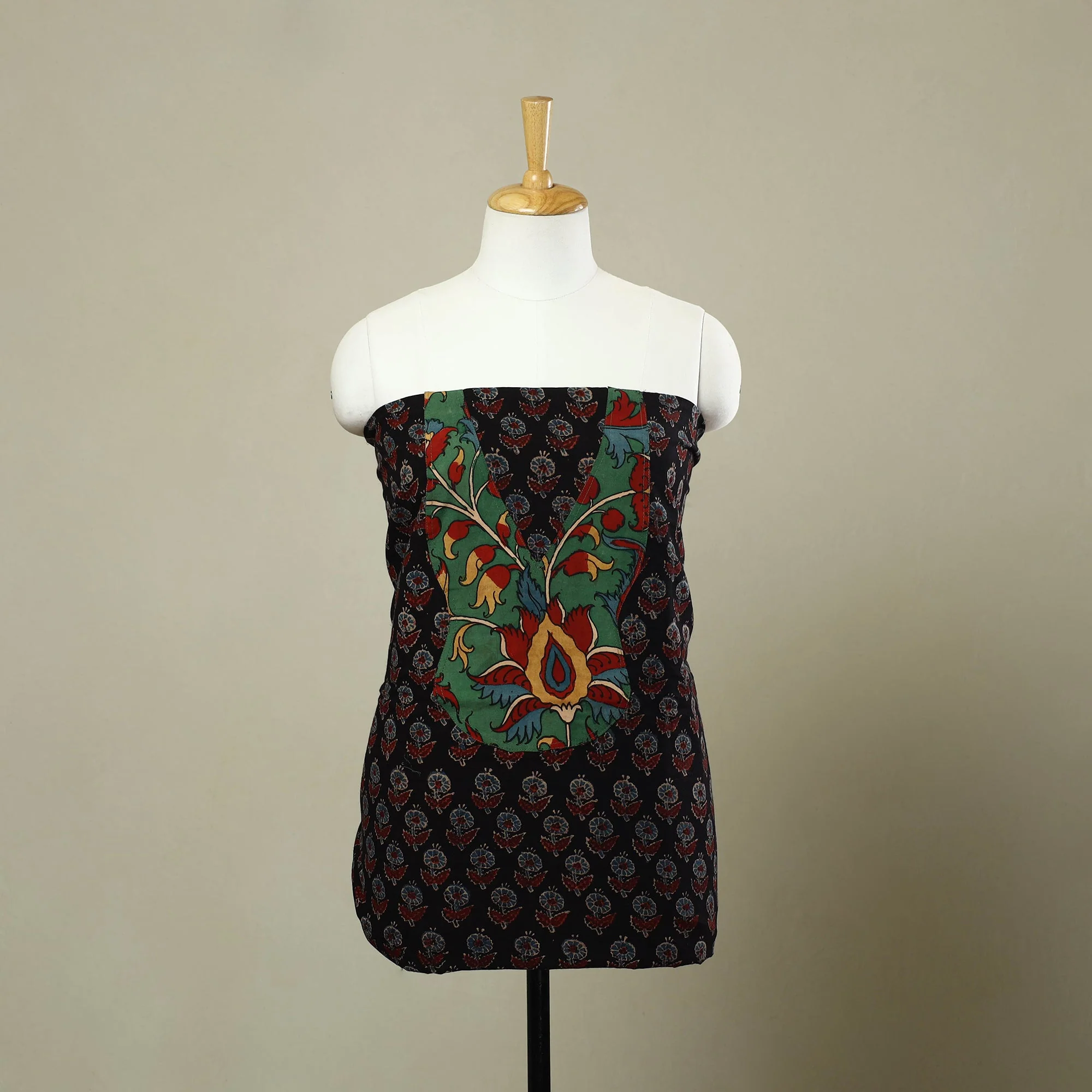 Black - Ajrakh Print Patchwork Cotton Unstitched Kurta Material (1.85m) 20