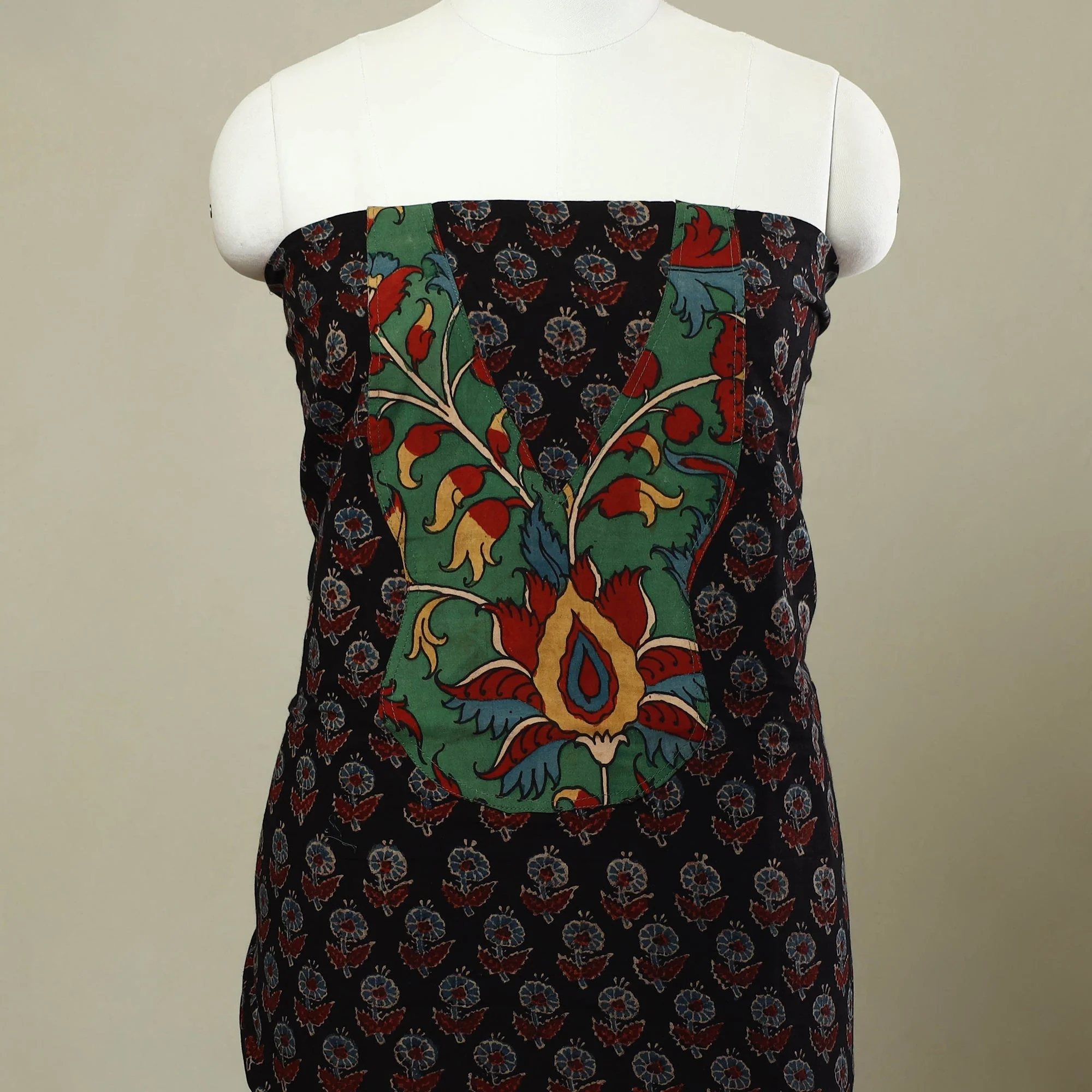 Black - Ajrakh Print Patchwork Cotton Unstitched Kurta Material (1.85m) 20 - Image 2