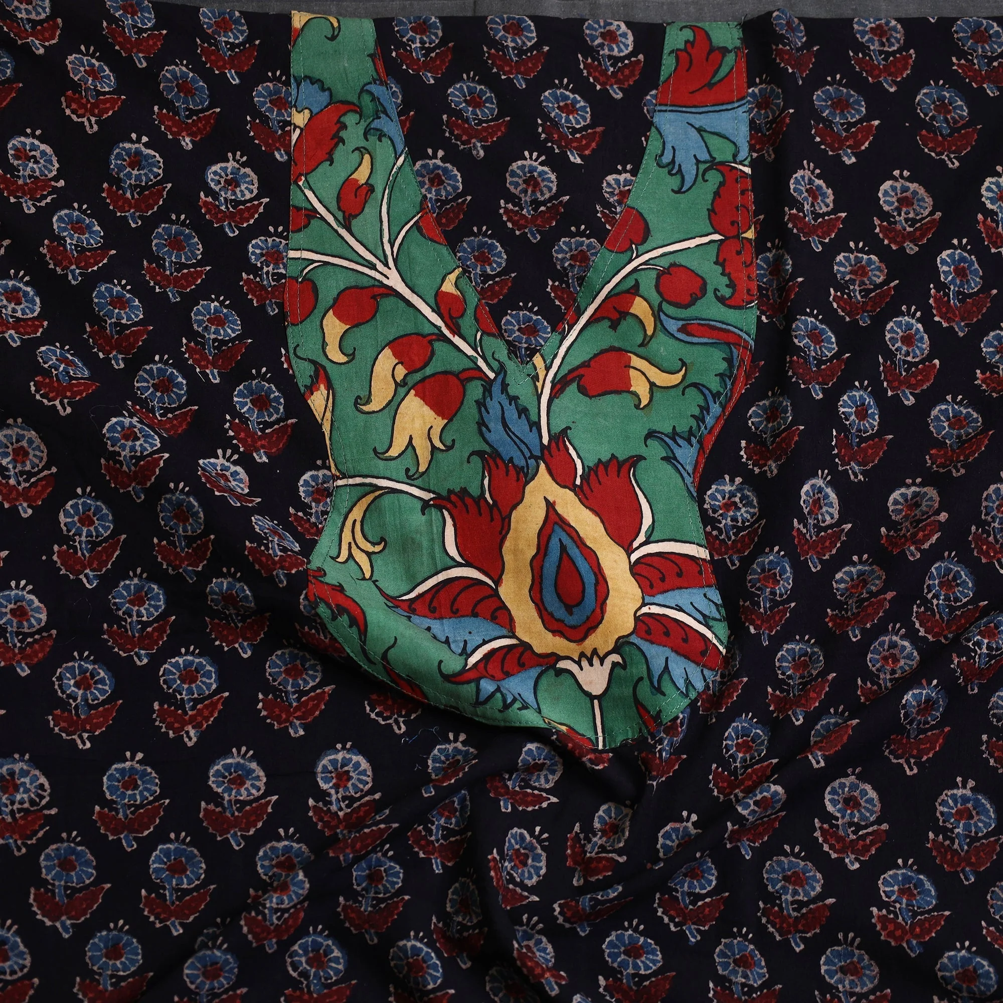 Black - Ajrakh Print Patchwork Cotton Unstitched Kurta Material (1.85m) 20 - Image 3