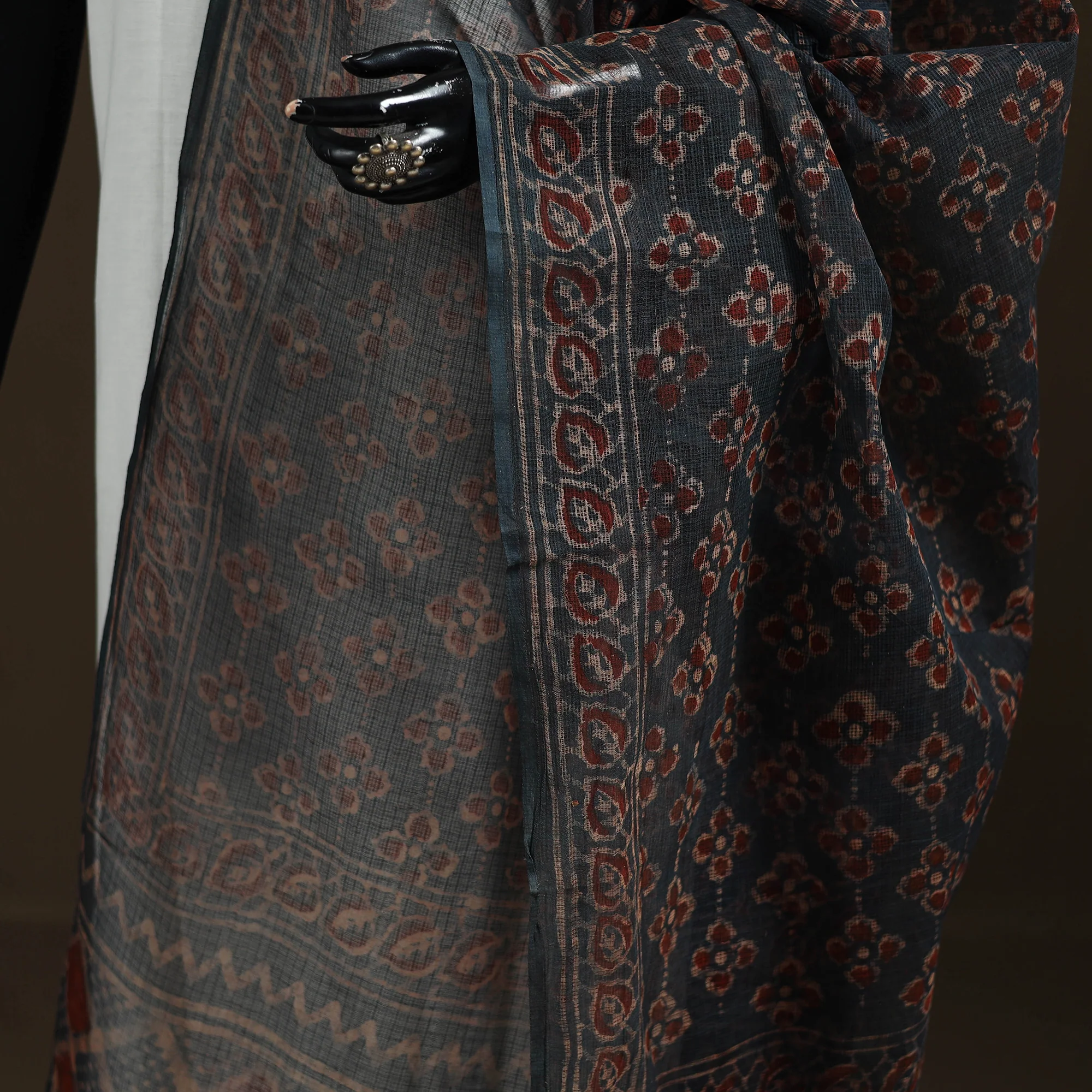 Grey - Gray - Ajrakh Vanaspati Hand Block Print Natural Dyed Kota Doria Cotton Dupatta 09 - Image 3