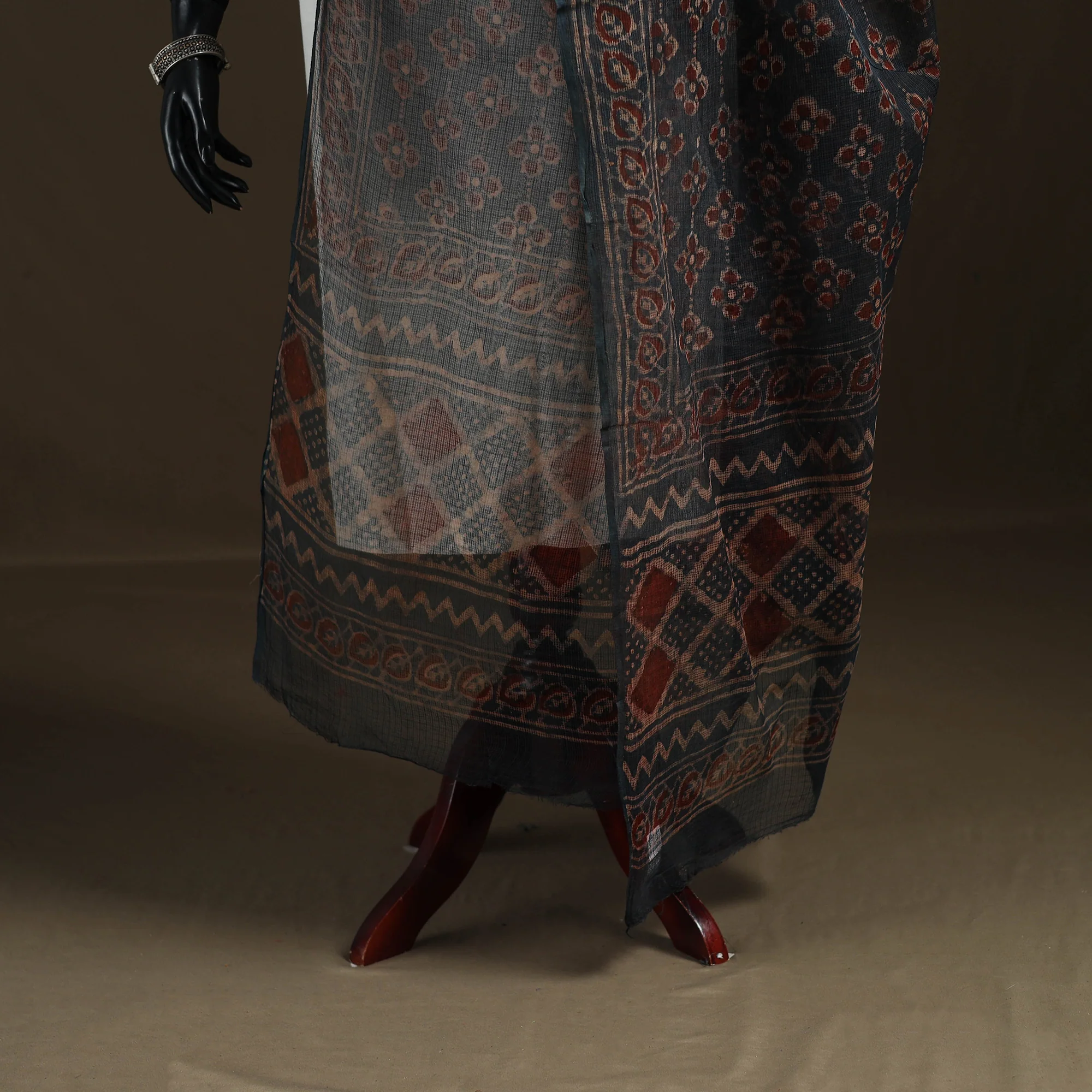 Grey - Gray - Ajrakh Vanaspati Hand Block Print Natural Dyed Kota Doria Cotton Dupatta 09 - Image 4