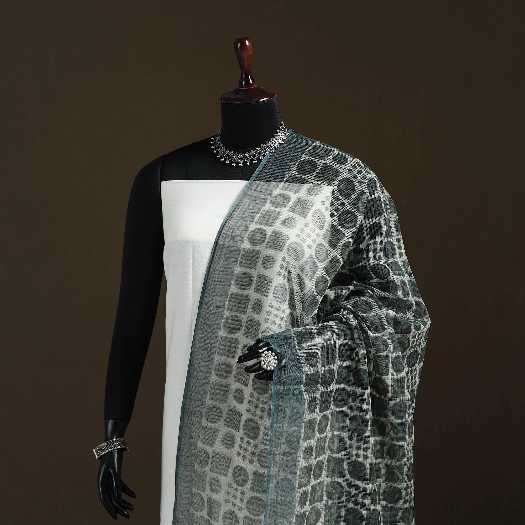Grey - Ajrakh Vanaspati Hand Block Print Natural Dyed Kota Doria Cotton Dupatta 11 - Image 2