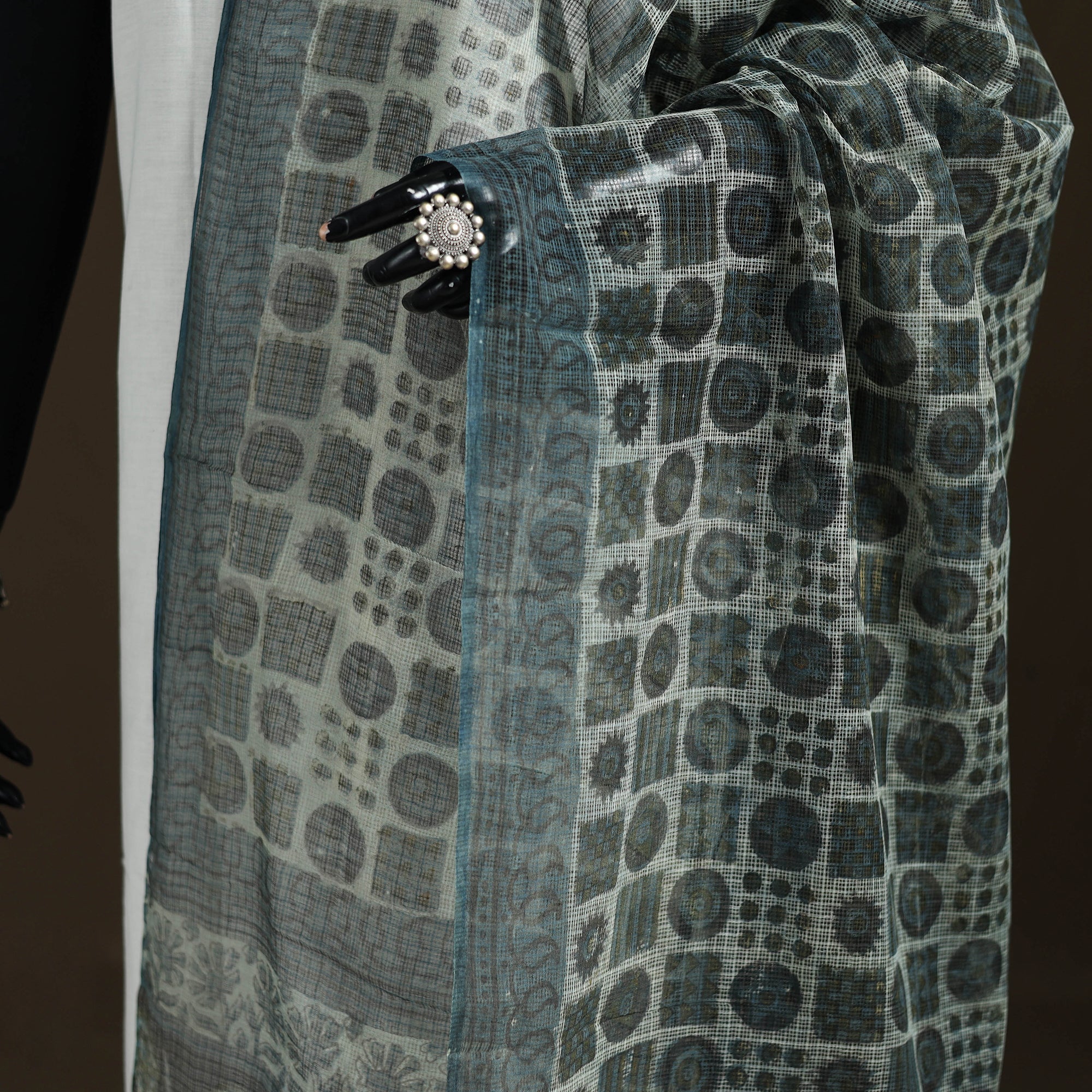Grey - Ajrakh Vanaspati Hand Block Print Natural Dyed Kota Doria Cotton Dupatta 11 - Image 3