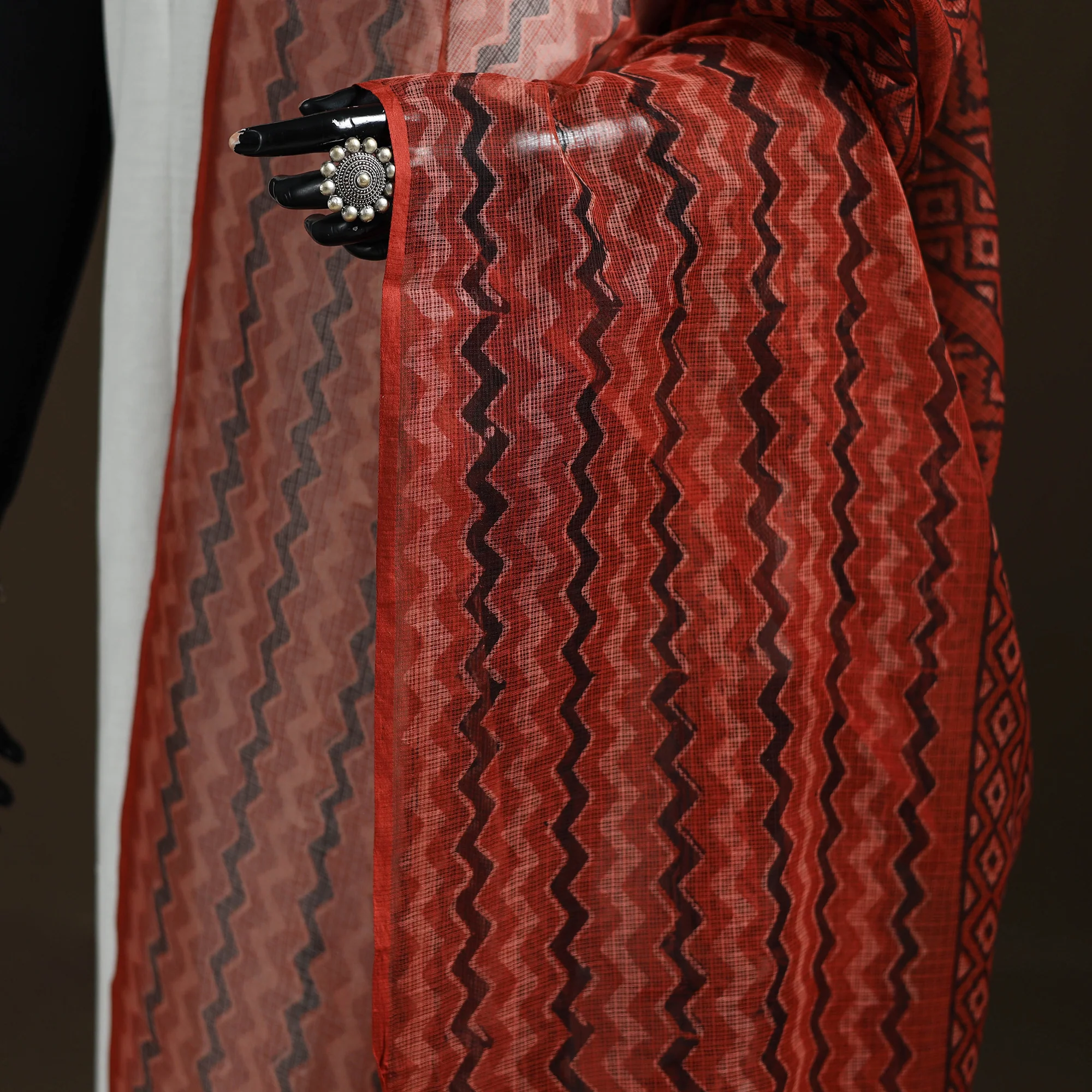 Red - Ajrakh Vanaspati Hand Block Print Natural Dyed Kota Doria Cotton Dupatta 19 - Image 3