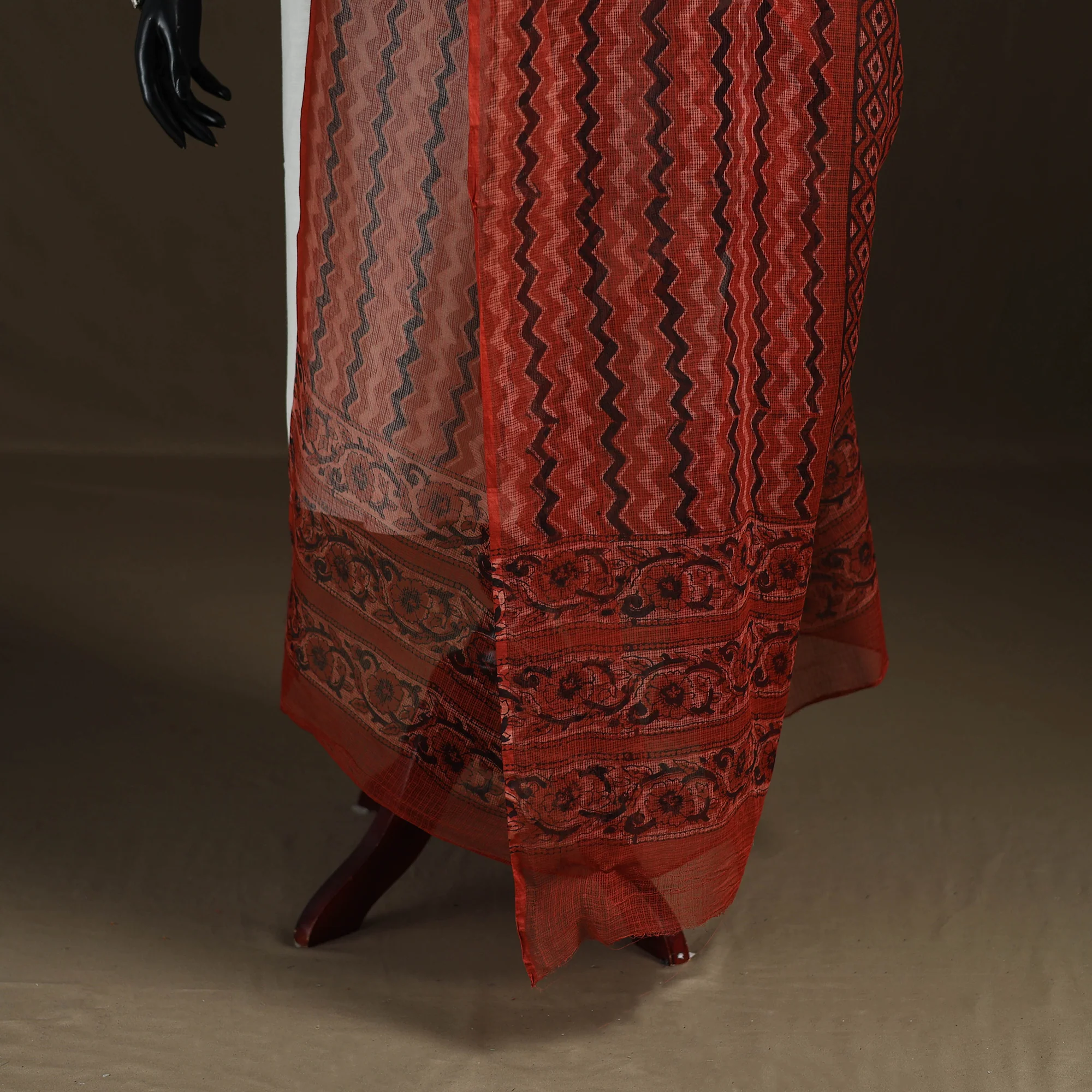 Red - Ajrakh Vanaspati Hand Block Print Natural Dyed Kota Doria Cotton Dupatta 19 - Image 4