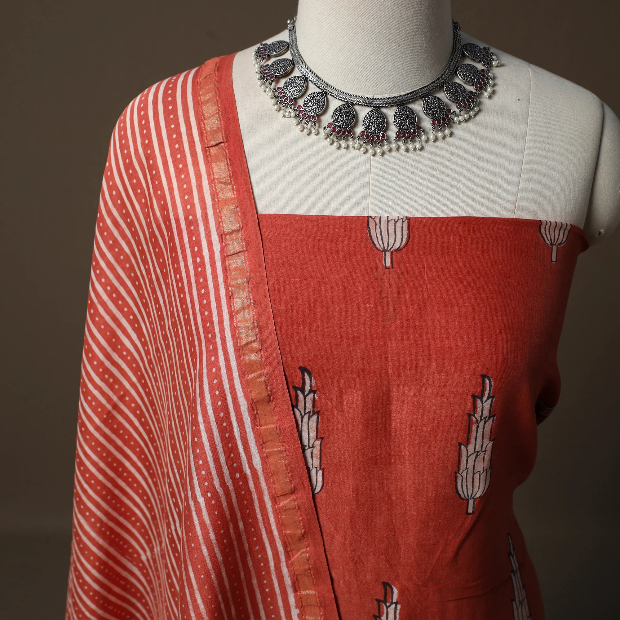 Akola Hand Block Print Chanderi Silk 2pc Unstitched Dress Material Kurta Set 09 - Image 3