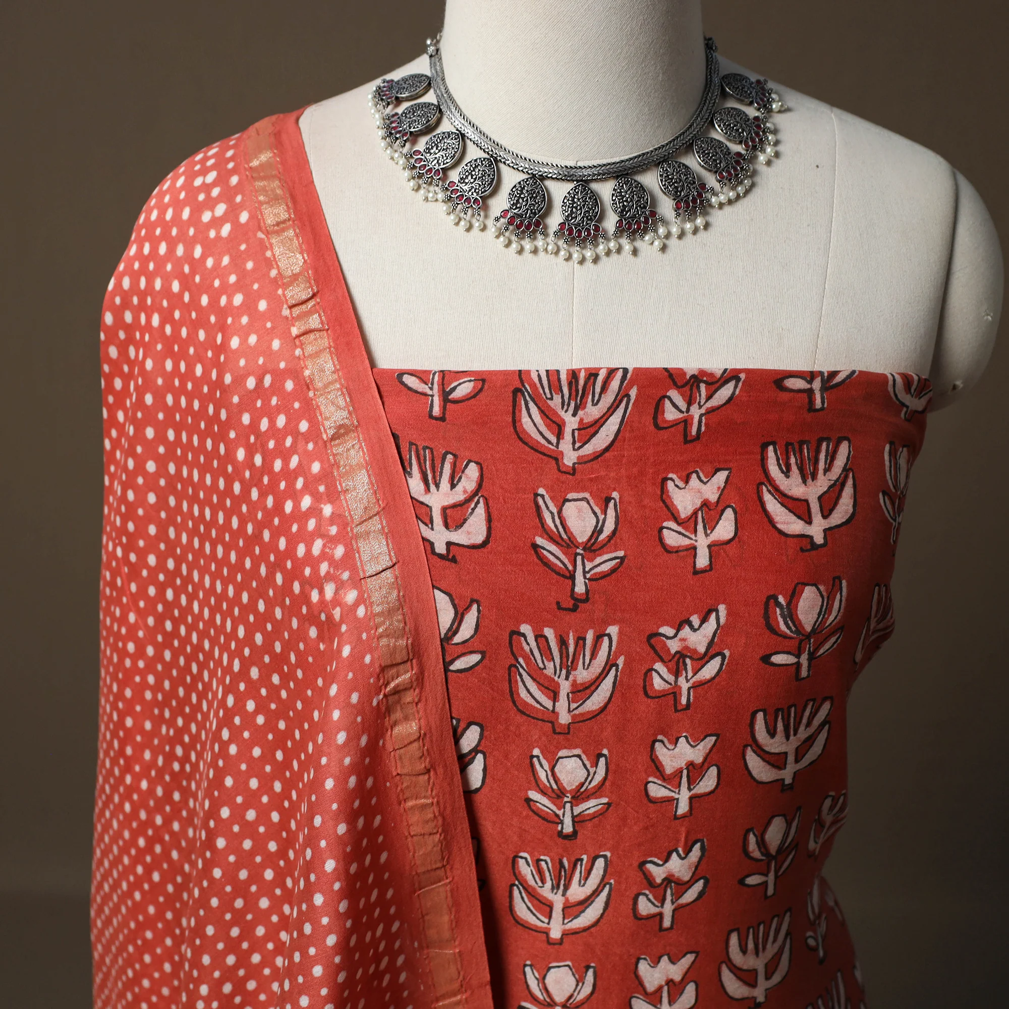 Akola Hand Block Print Chanderi Silk 2pc Unstitched Dress Material Kurta Set 10 - Image 3