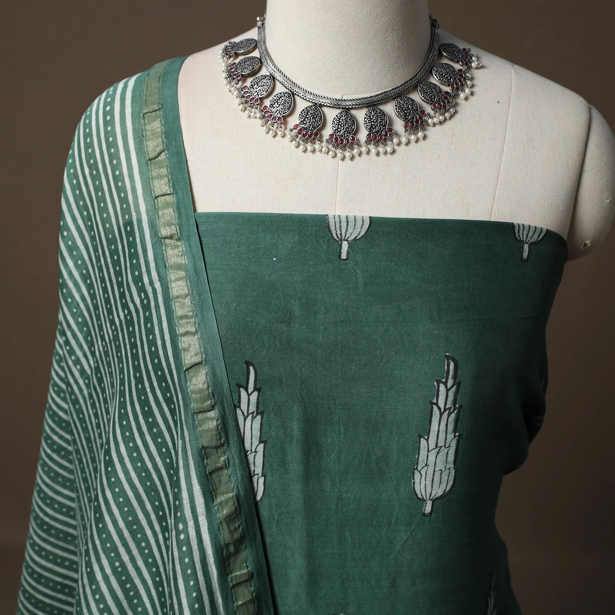 Akola Hand Block Print Chanderi Silk 2pc Unstitched Dress Material Kurta Set 14 - Image 3