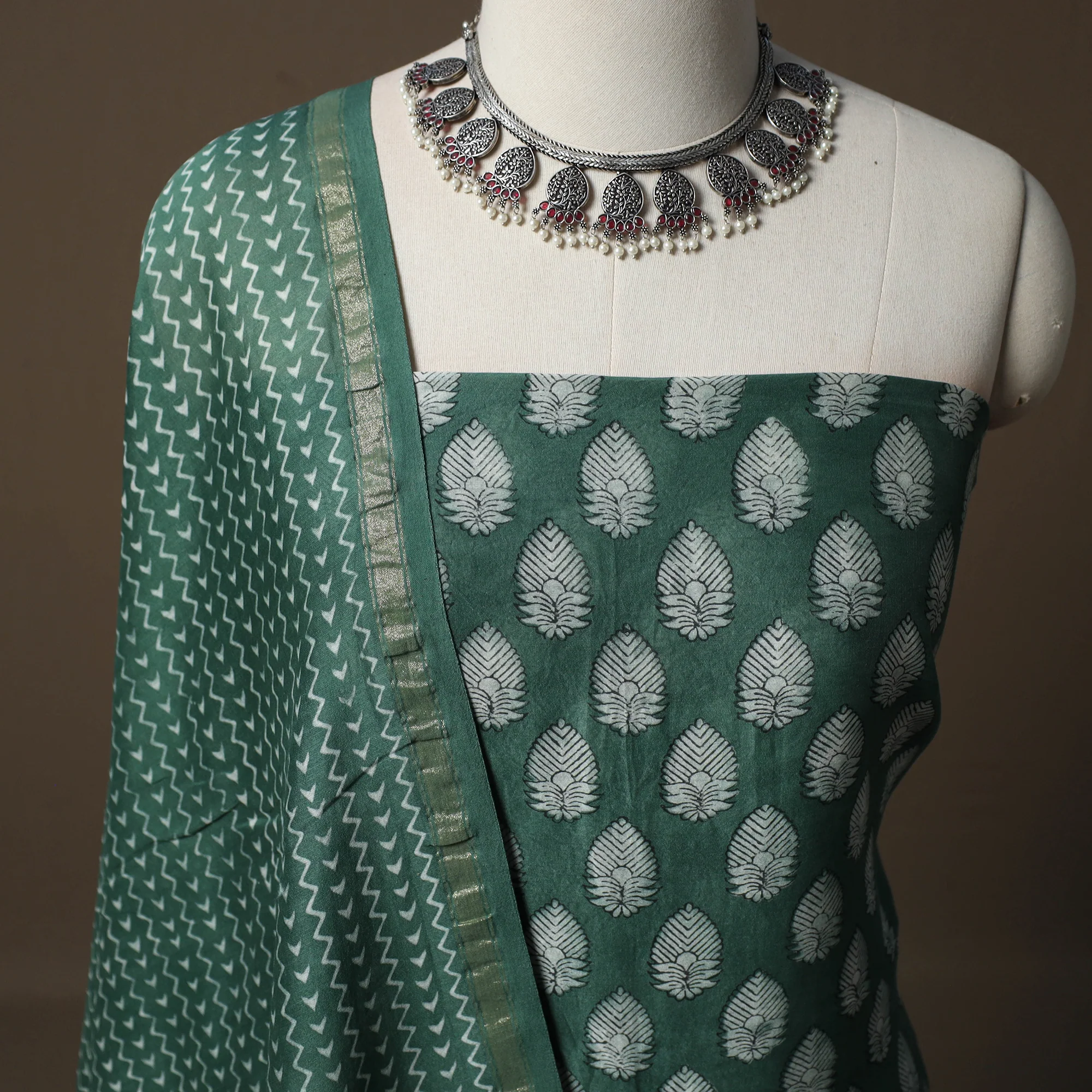 Akola Hand Block Print Chanderi Silk 2pc Unstitched Dress Material Kurta Set 16 - Image 3