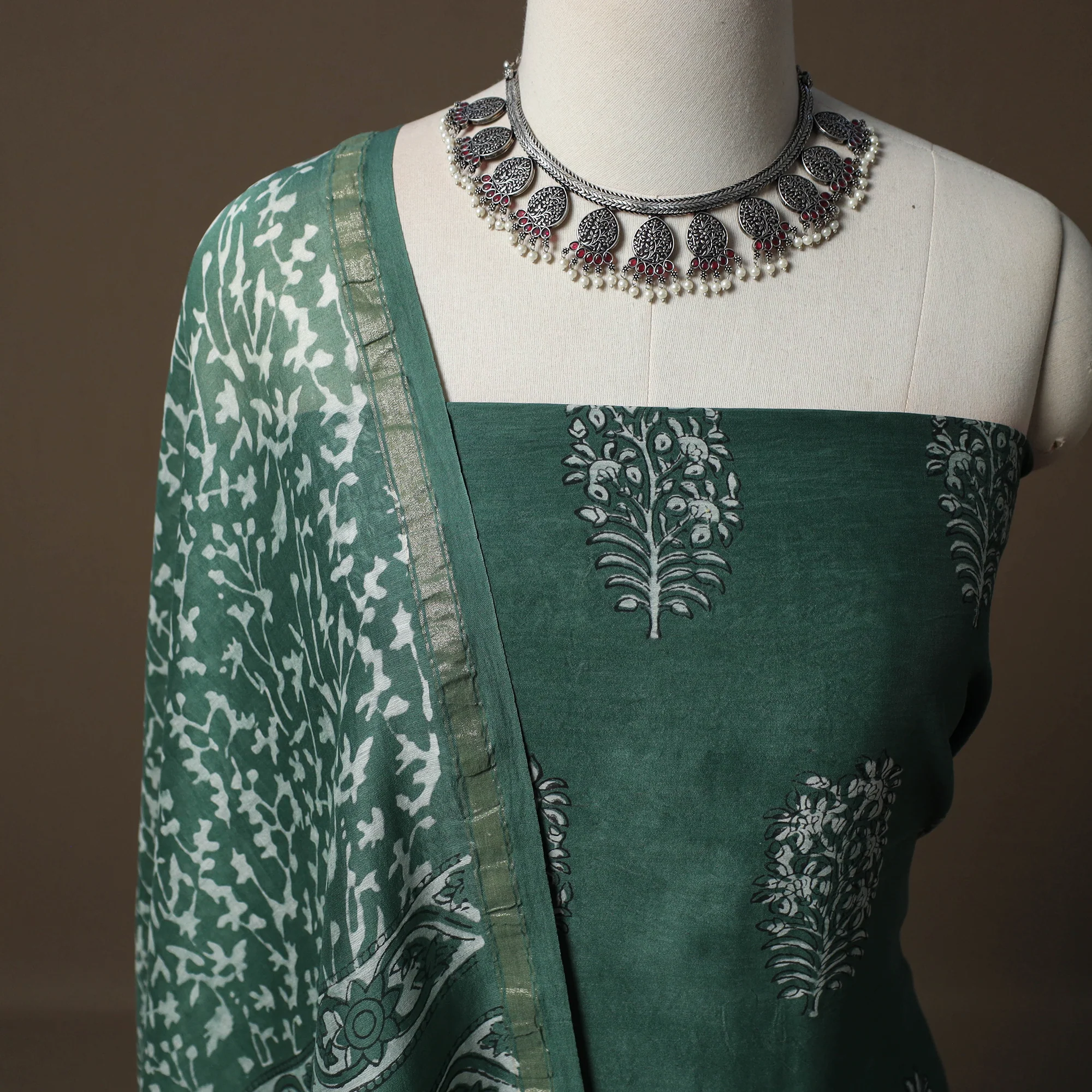 Akola Hand Block Print Chanderi Silk 2pc Unstitched Dress Material Kurta Set 19 - Image 3