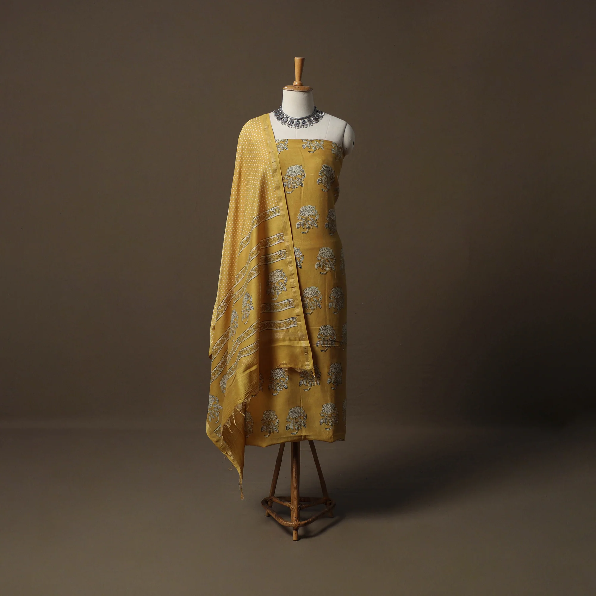 Akola Hand Block Print Chanderi Silk 2pc Unstitched Dress Material Kurta Set 21