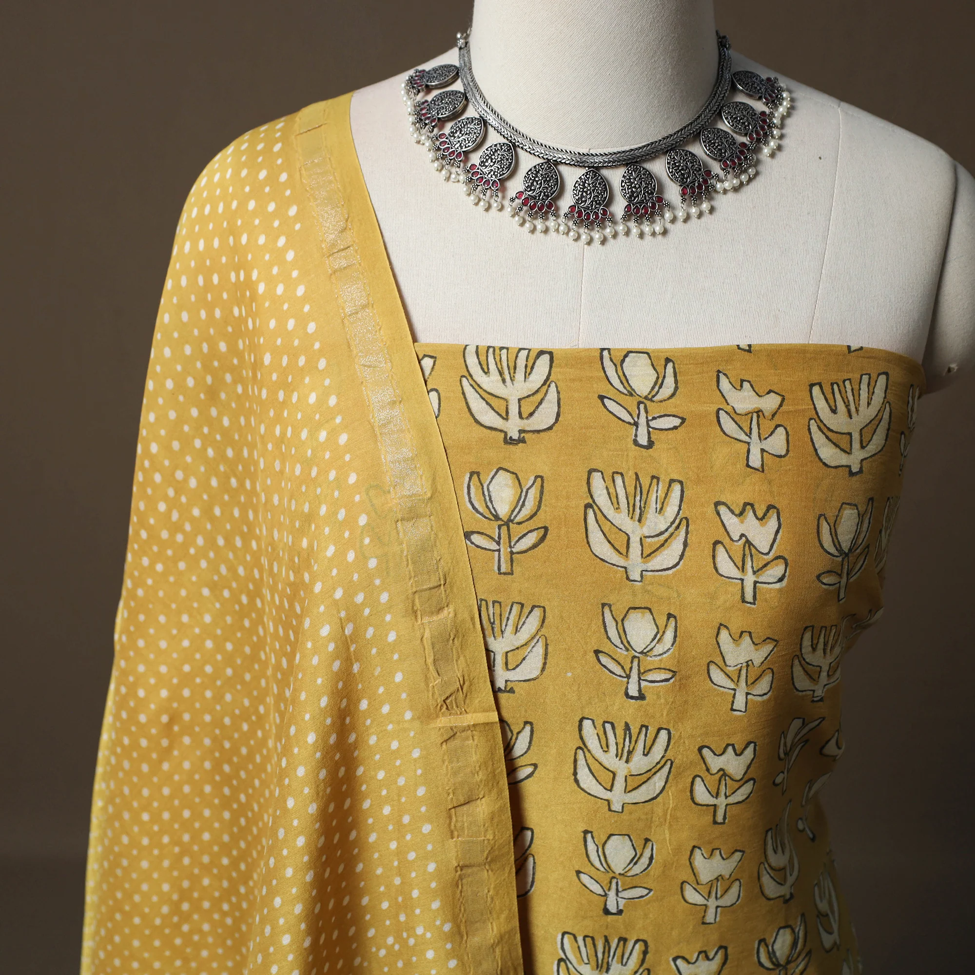 Akola Hand Block Print Chanderi Silk 2pc Unstitched Dress Material Kurta Set 24 - Image 3