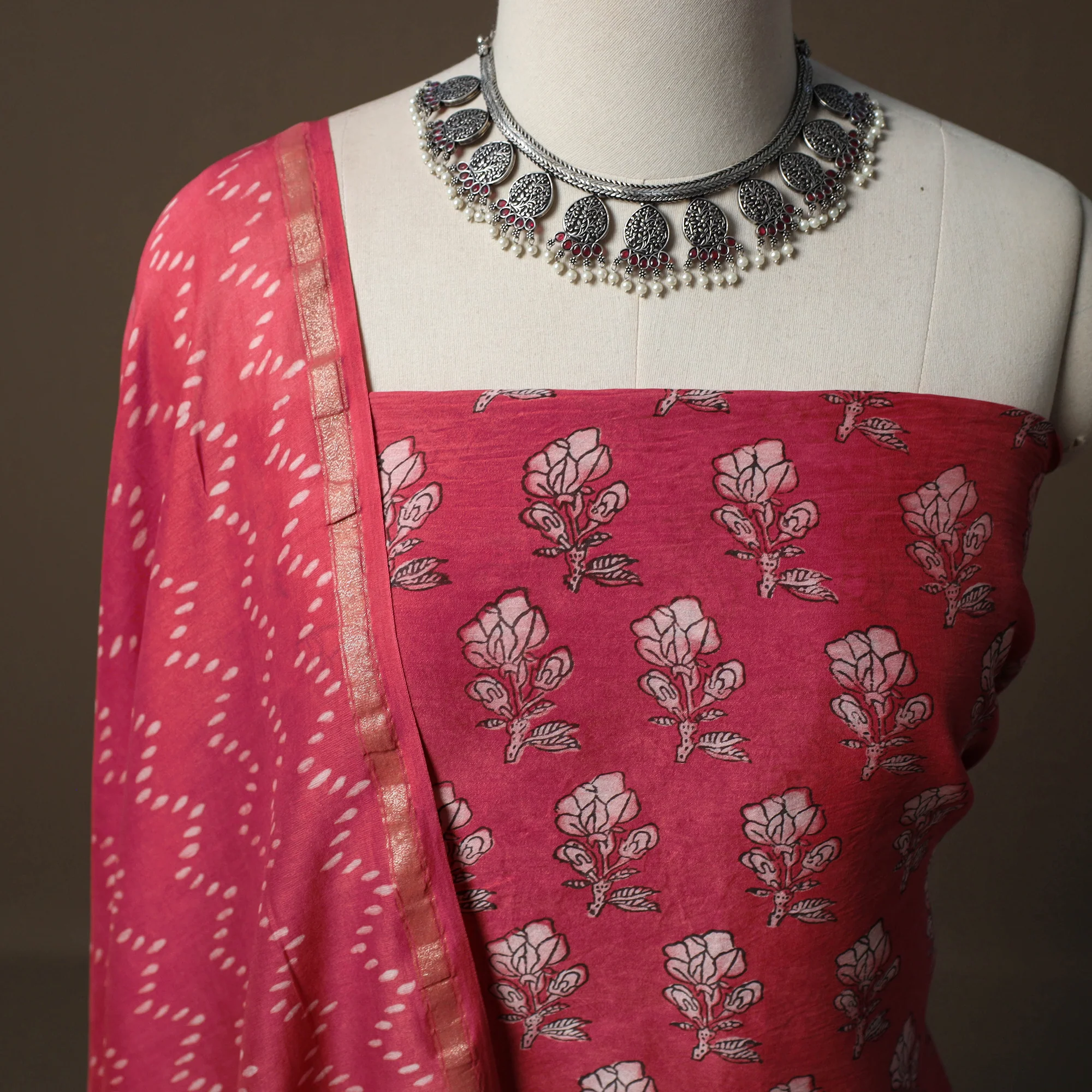 Akola Hand Block Print Chanderi Silk 2pc Unstitched Dress Material Kurta Set 40 - Image 3