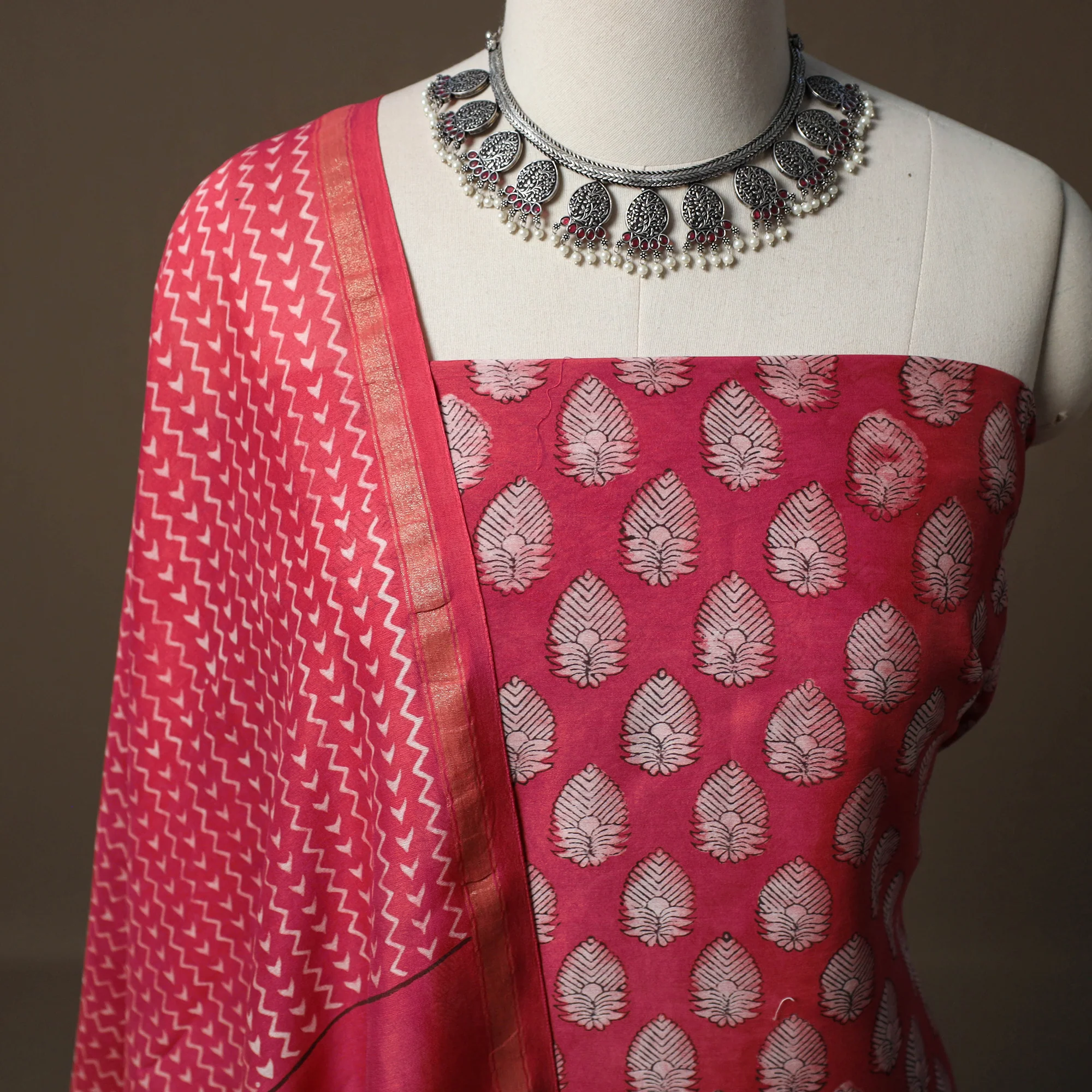 Akola Hand Block Print Chanderi Silk 2pc Unstitched Dress Material Kurta Set 42 - Image 3