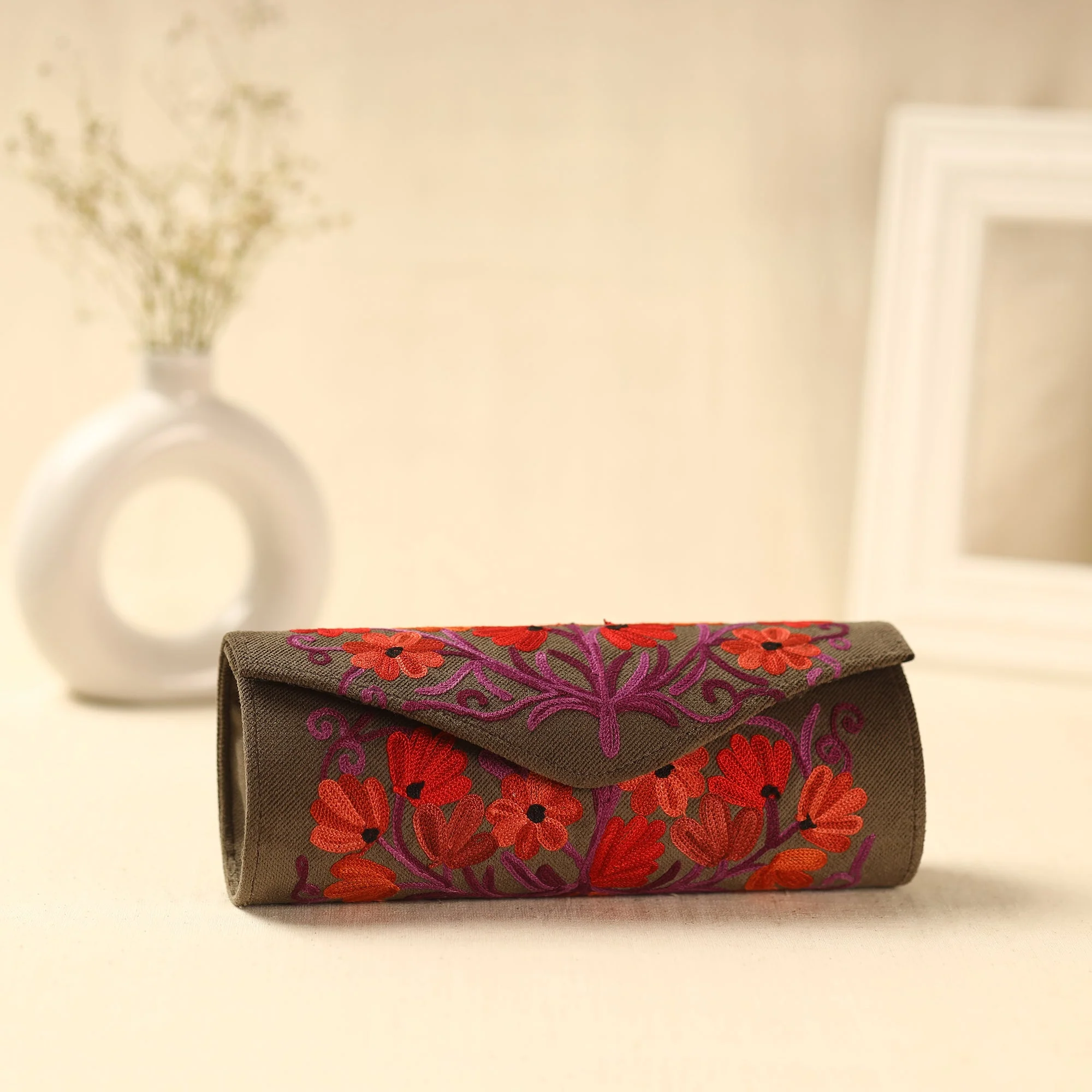 Brown - Kashmiri Crewel Hand Embroidery Velvet Clutch 32