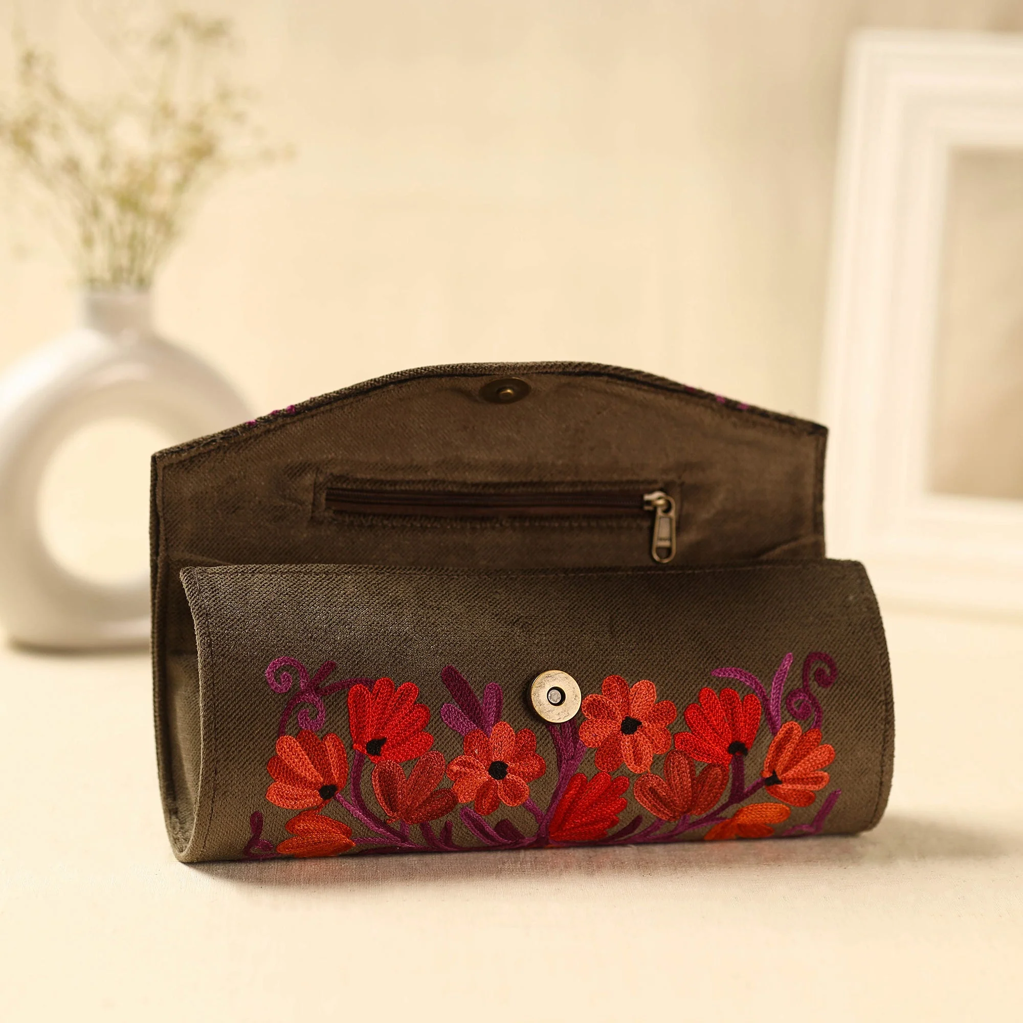 Brown - Kashmiri Crewel Hand Embroidery Velvet Clutch 32 - Image 4