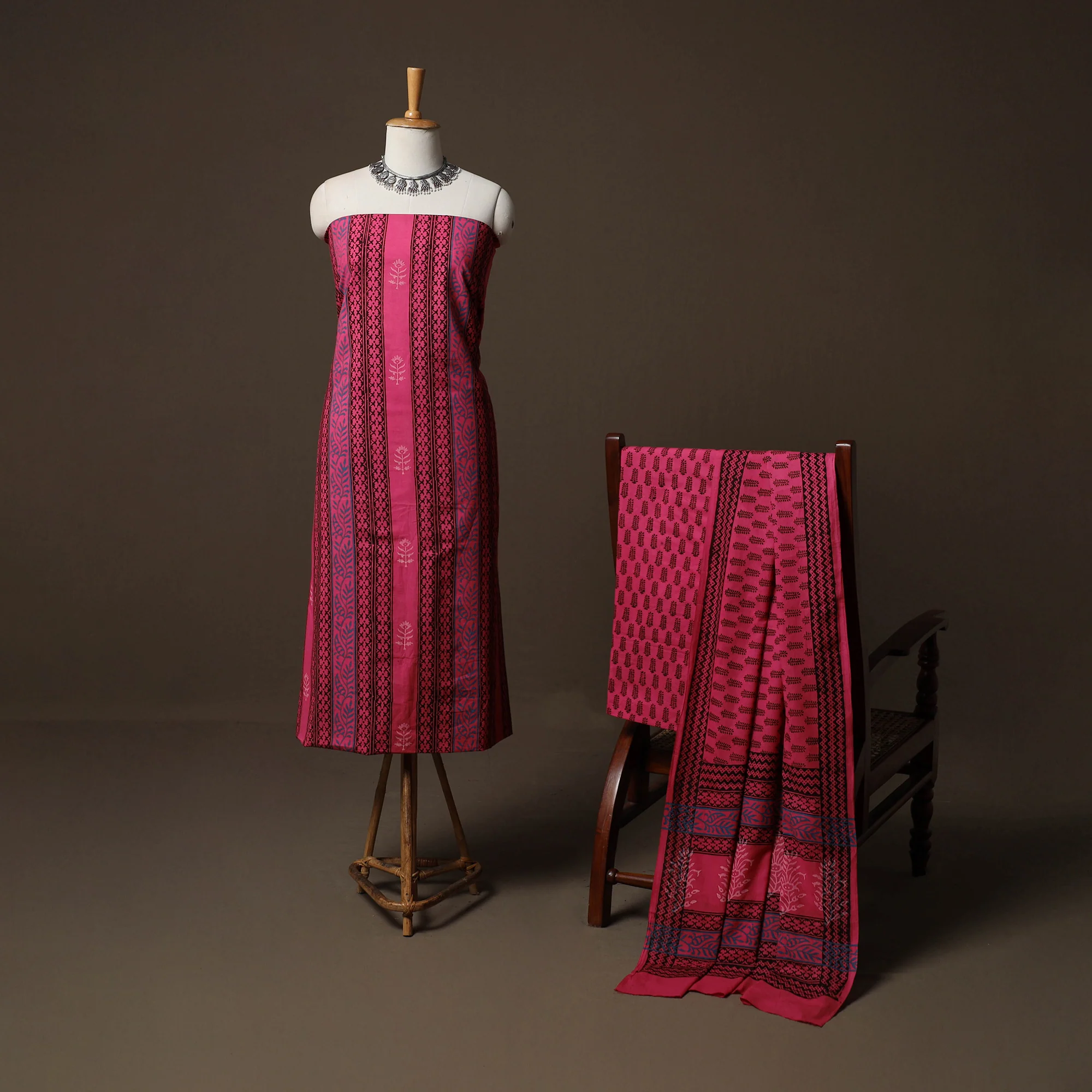 Pink - Bagh Hand Block Print Cotton 3pc Unstitched Dress Material Suit Set 26 - Image 2