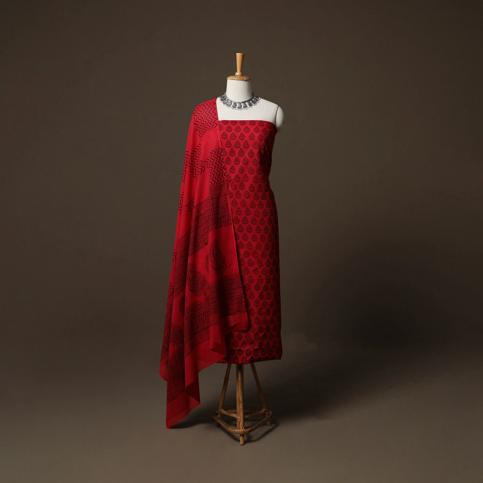 Red - Bagh Hand Block Print Cotton 3pc Unstitched Dress Material Suit Set 27