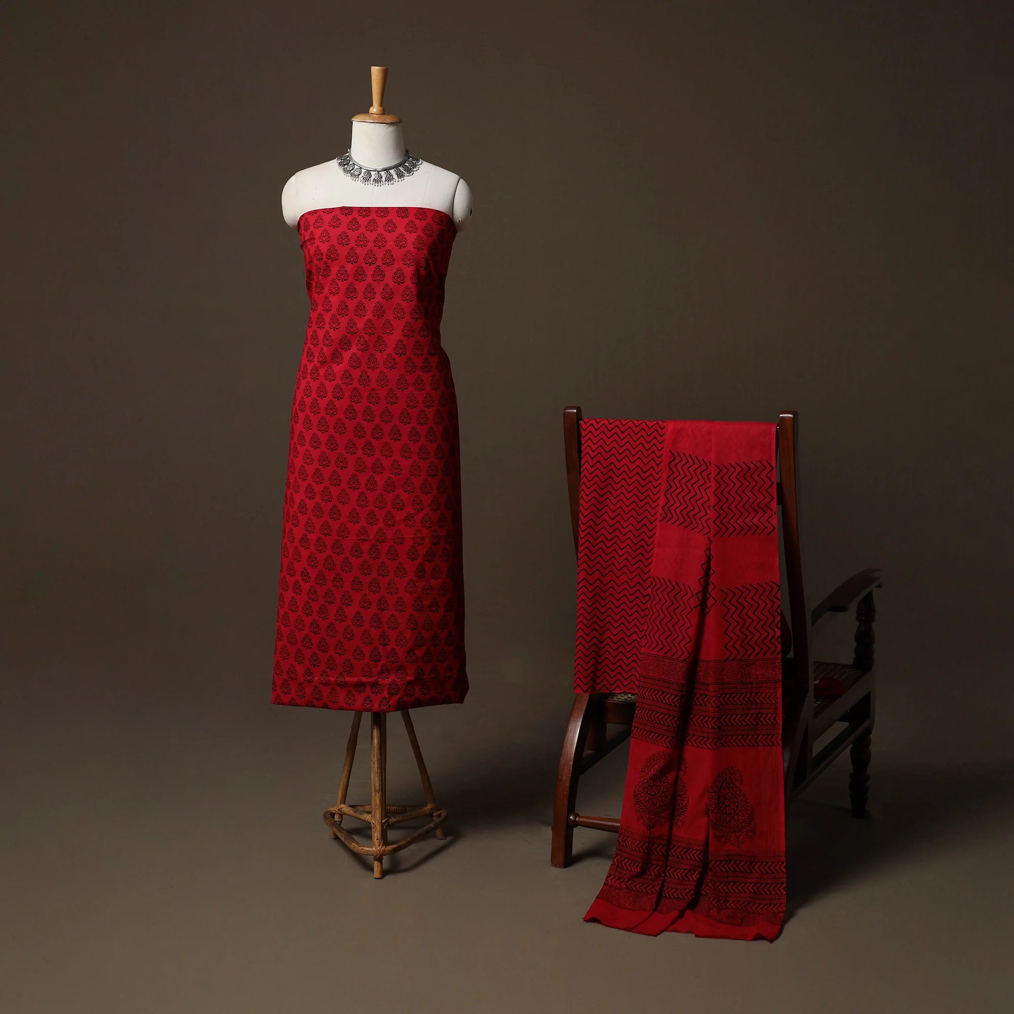Red - Bagh Hand Block Print Cotton 3pc Unstitched Dress Material Suit Set 27 - Image 2