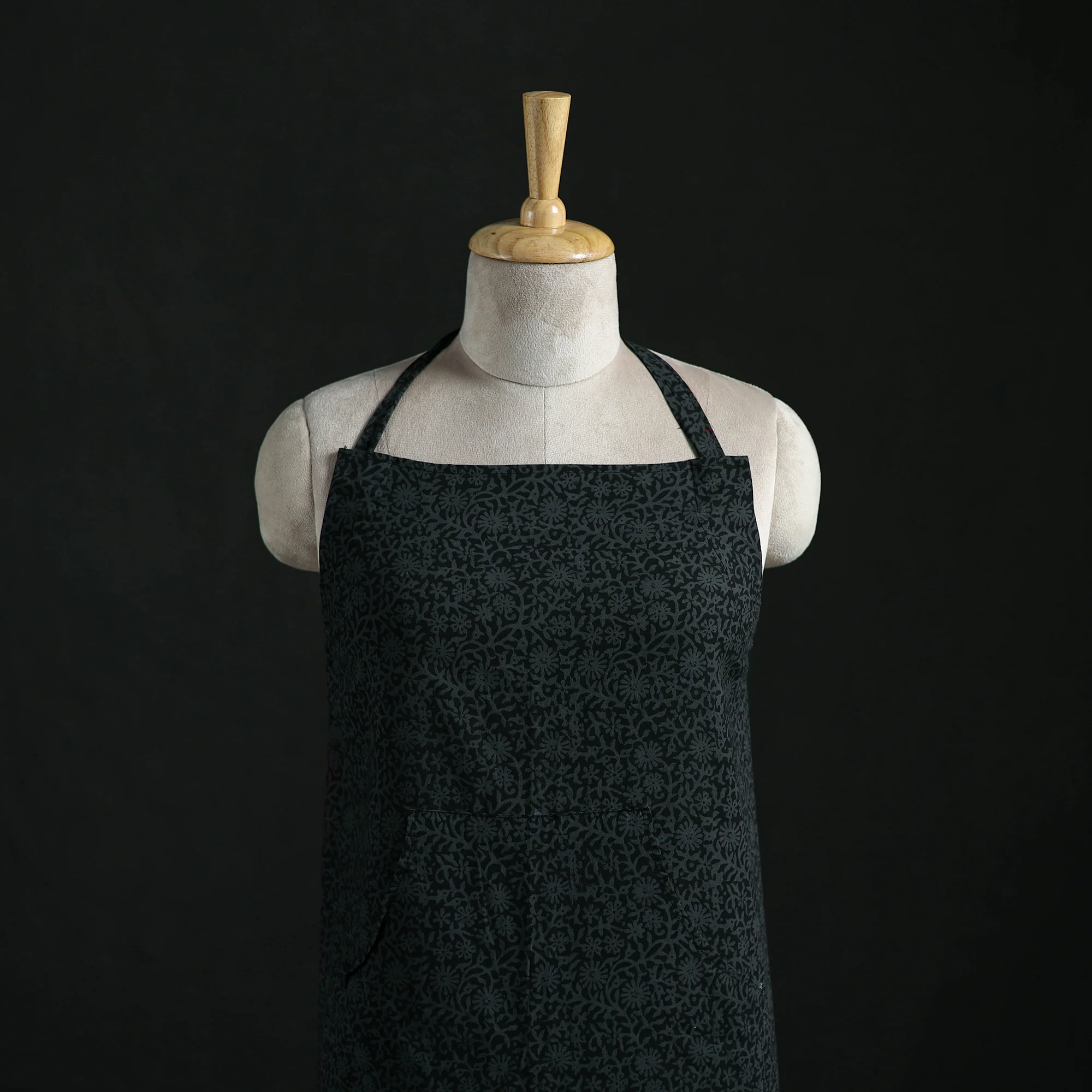 Black - Bagh Hand Block Print Cotton Apron with Pocket 03 - Image 2