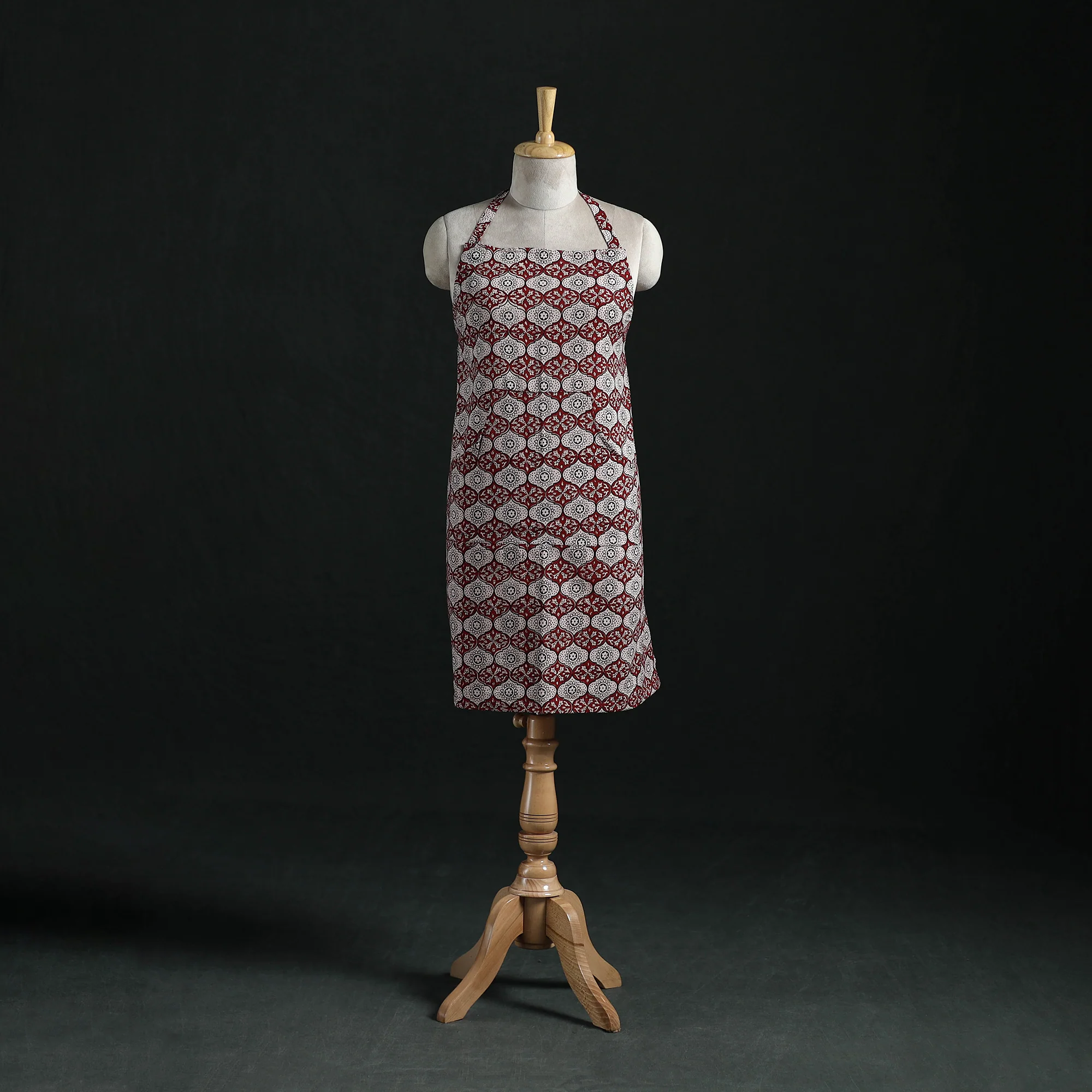Red - Bagh Hand Block Print Cotton Apron with Pocket 07