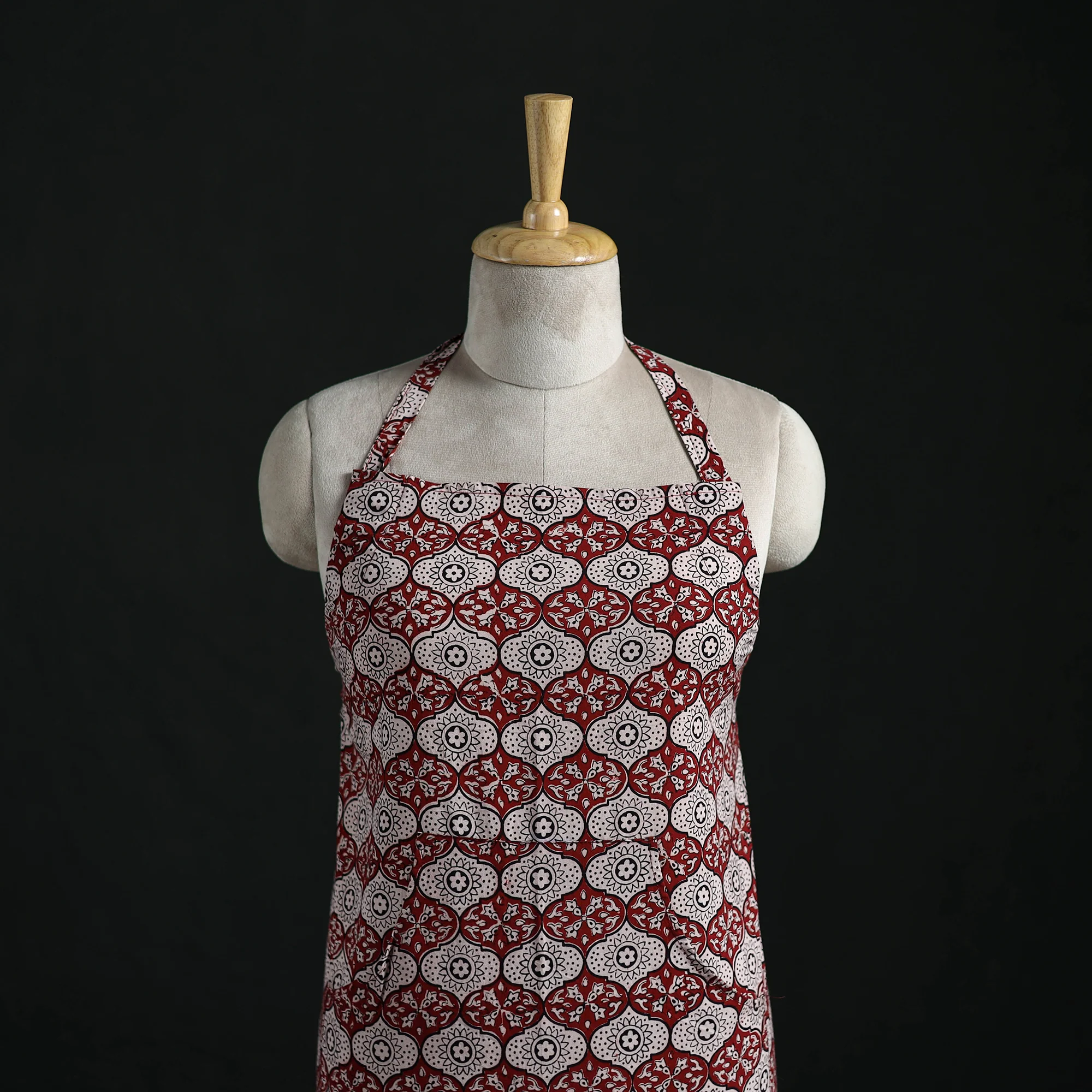 Red - Bagh Hand Block Print Cotton Apron with Pocket 07 - Image 2
