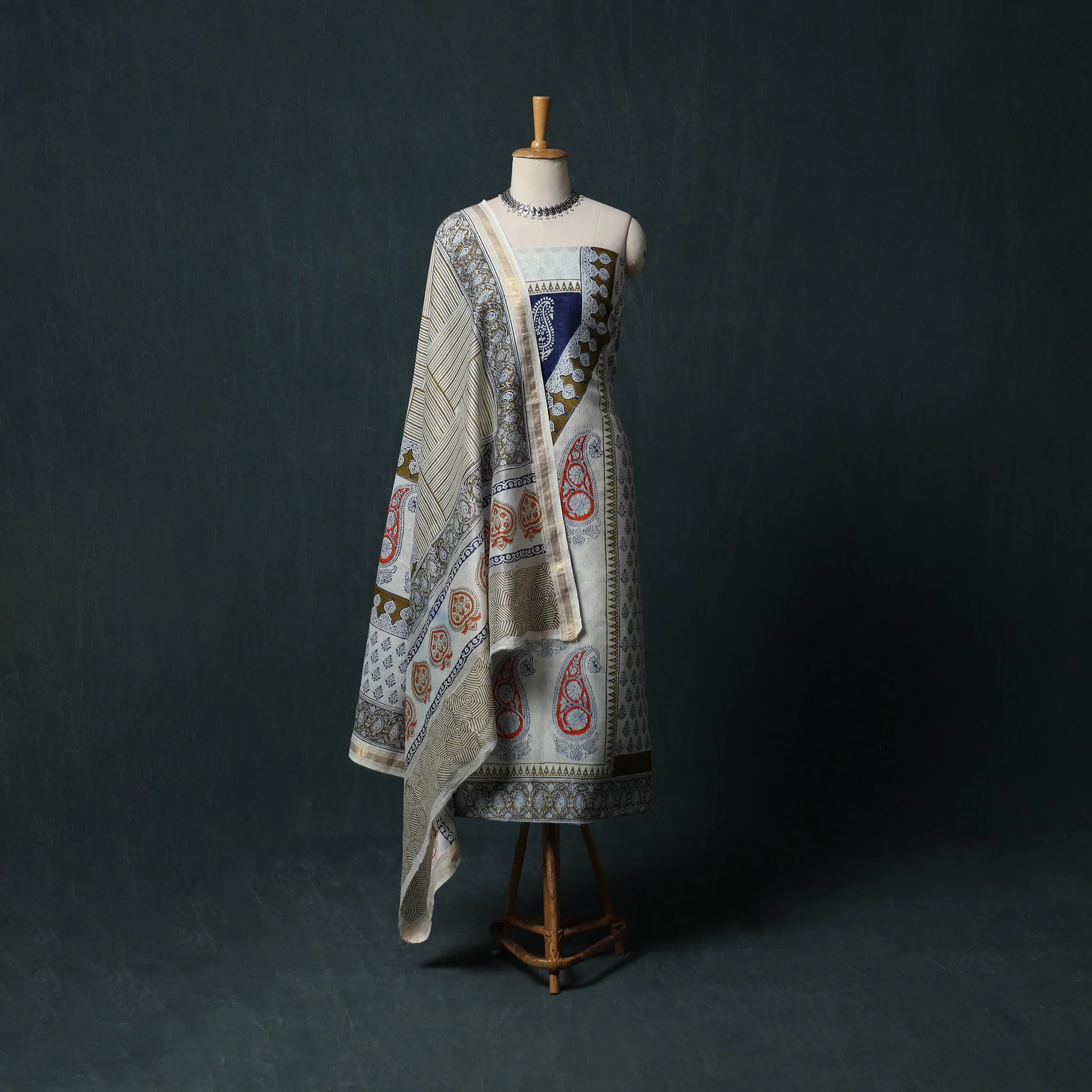 Bagh Hand Block Print Maheshwari Silk 3pc Unstitched Dress Material Suit Set 54