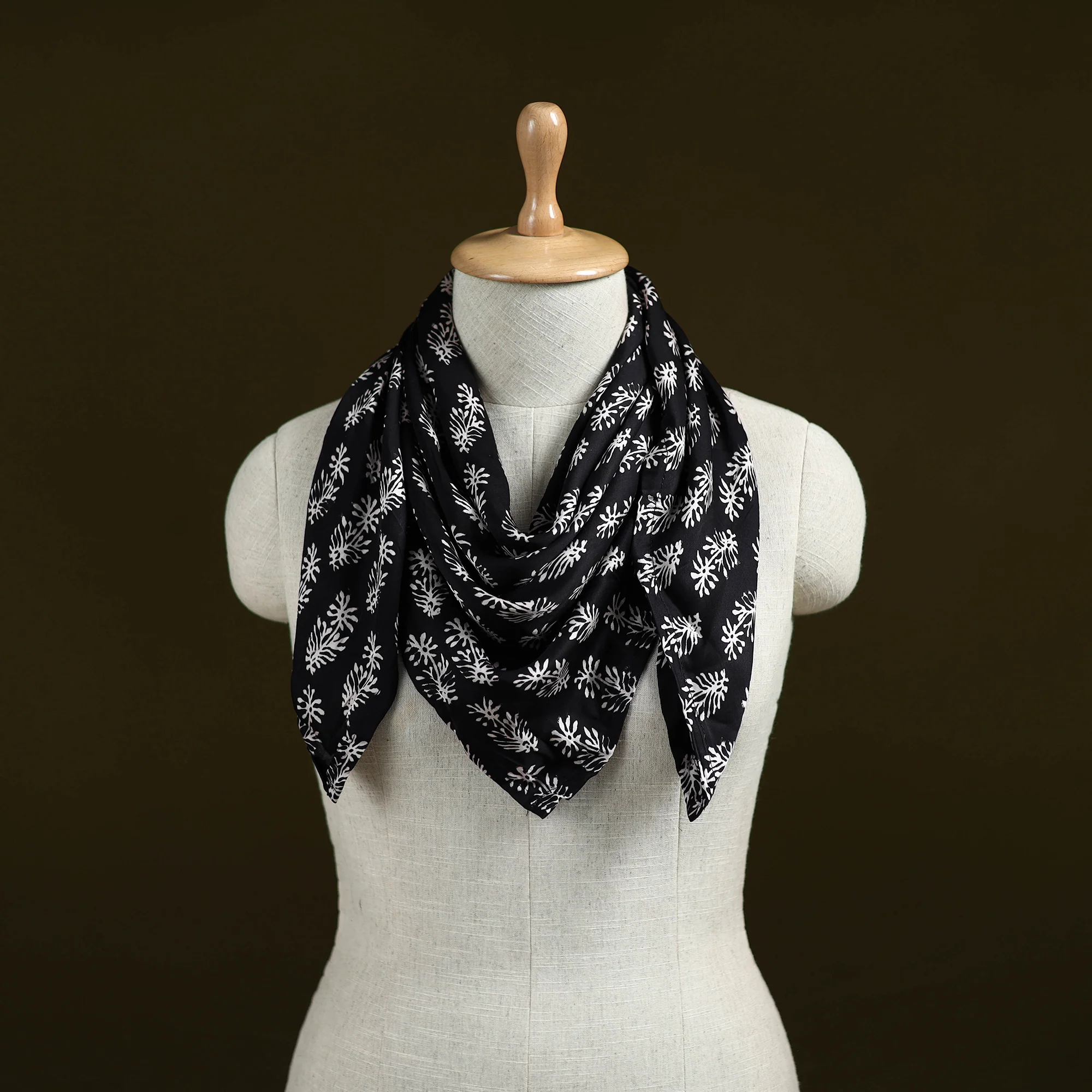 Black - Bagh Hand Block Print Modal Silk Scarf 09