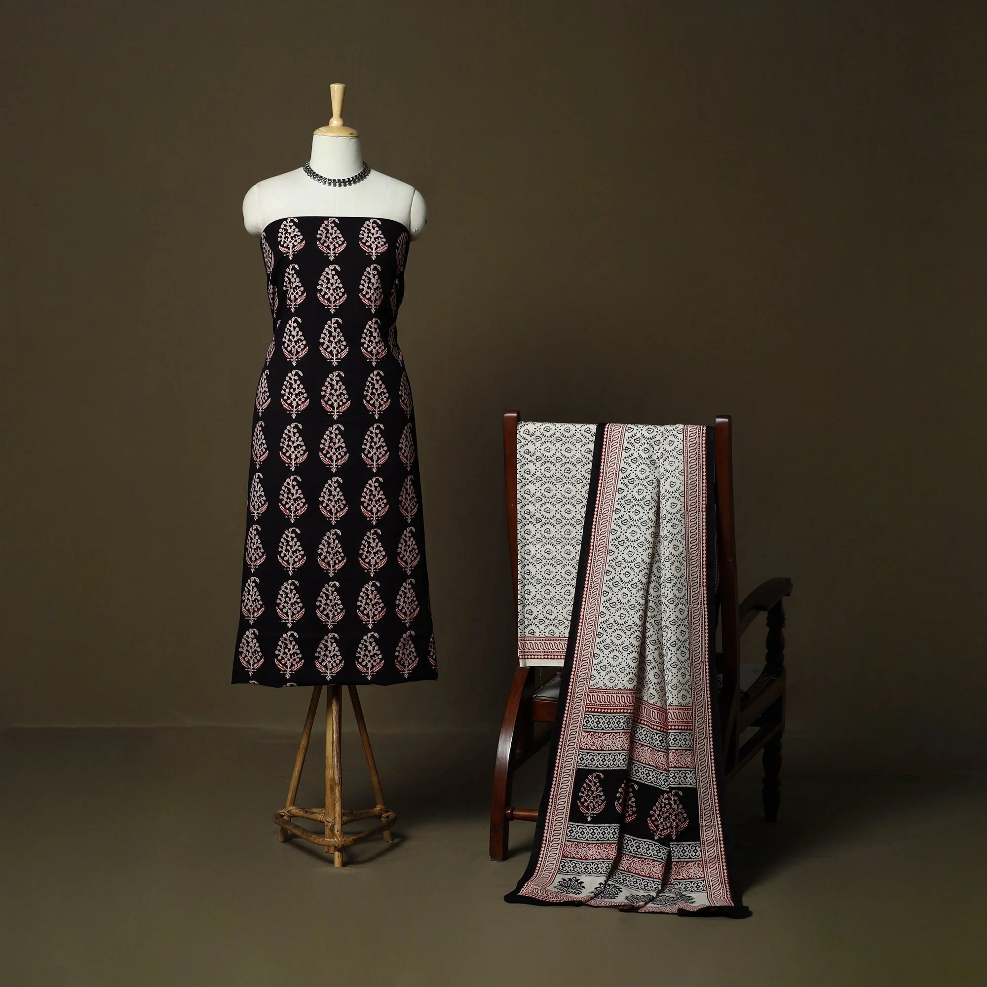 Black - Bagh Hand Block Print Natural Dyed Cotton 3pc Unstitched Dress Material 14