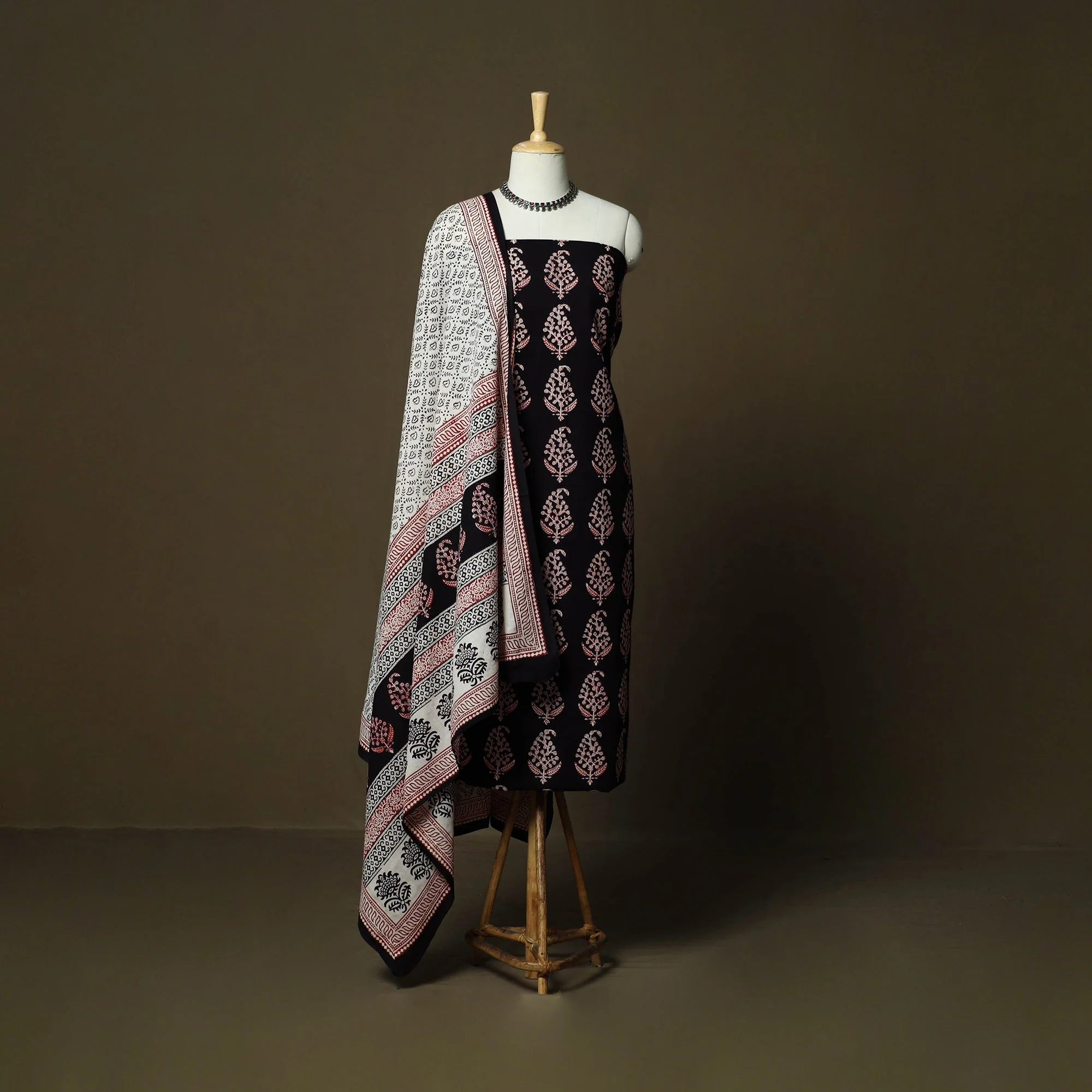 Black - Bagh Hand Block Print Natural Dyed Cotton 3pc Unstitched Dress Material 14 - Image 2