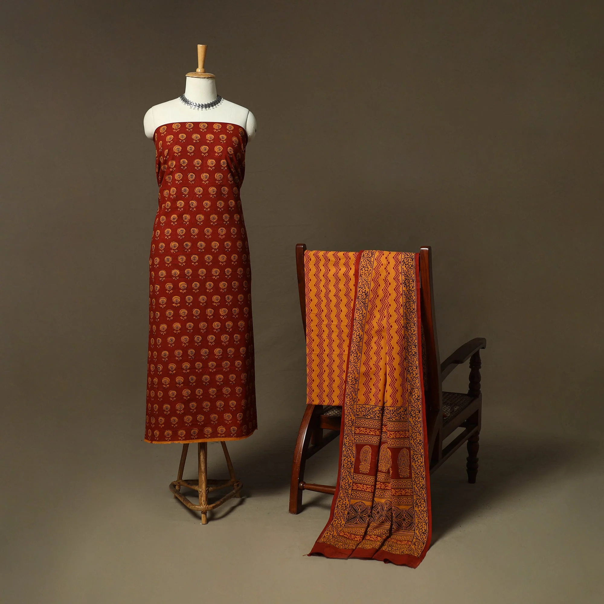 Bagh Hand Block Print Natural Dyed Cotton 3pc Unstitched Dress Material Suit Set 05 - Image 2