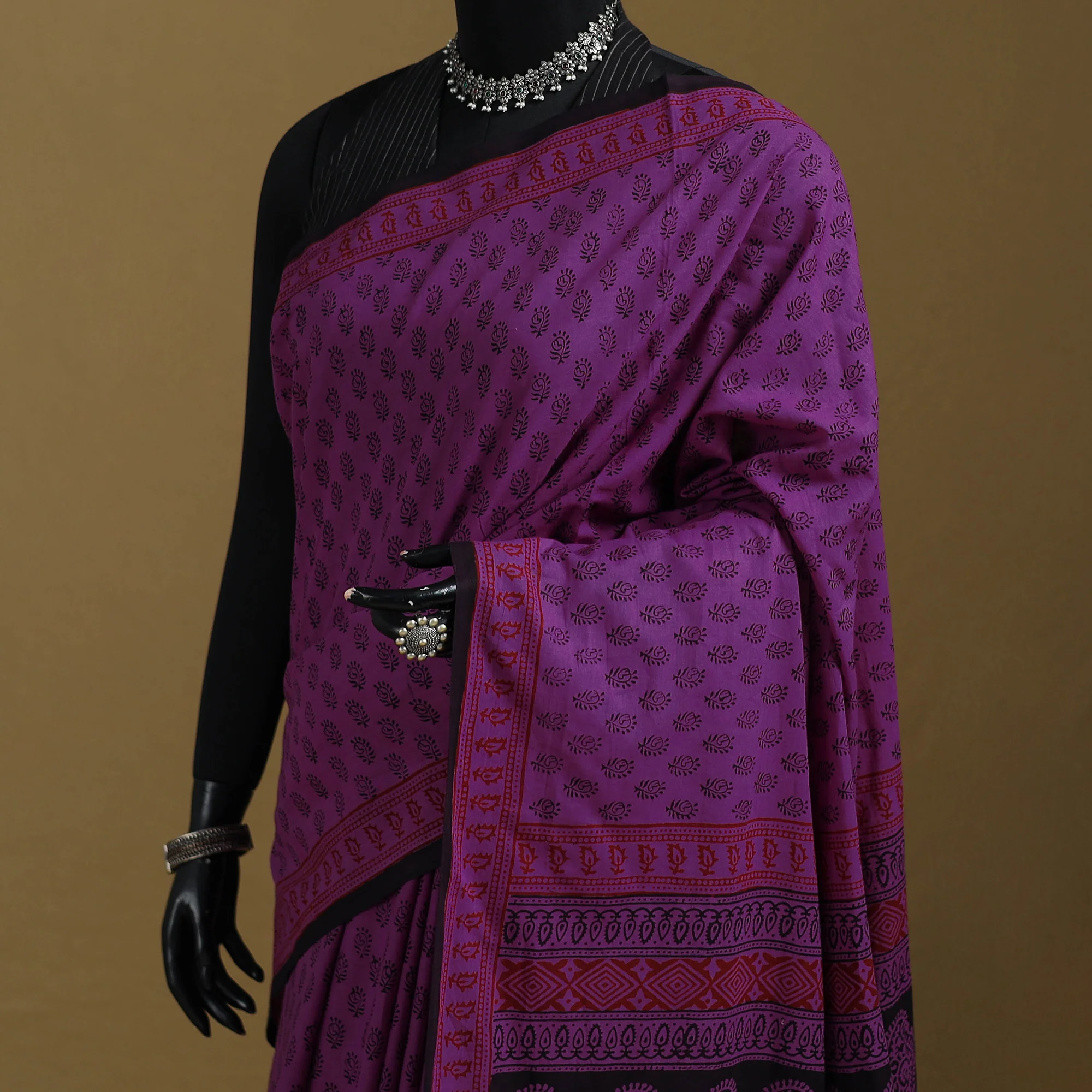 Purple - Bagh Hand Block Print Natural Dyed Cotton Saree 05 - Image 2
