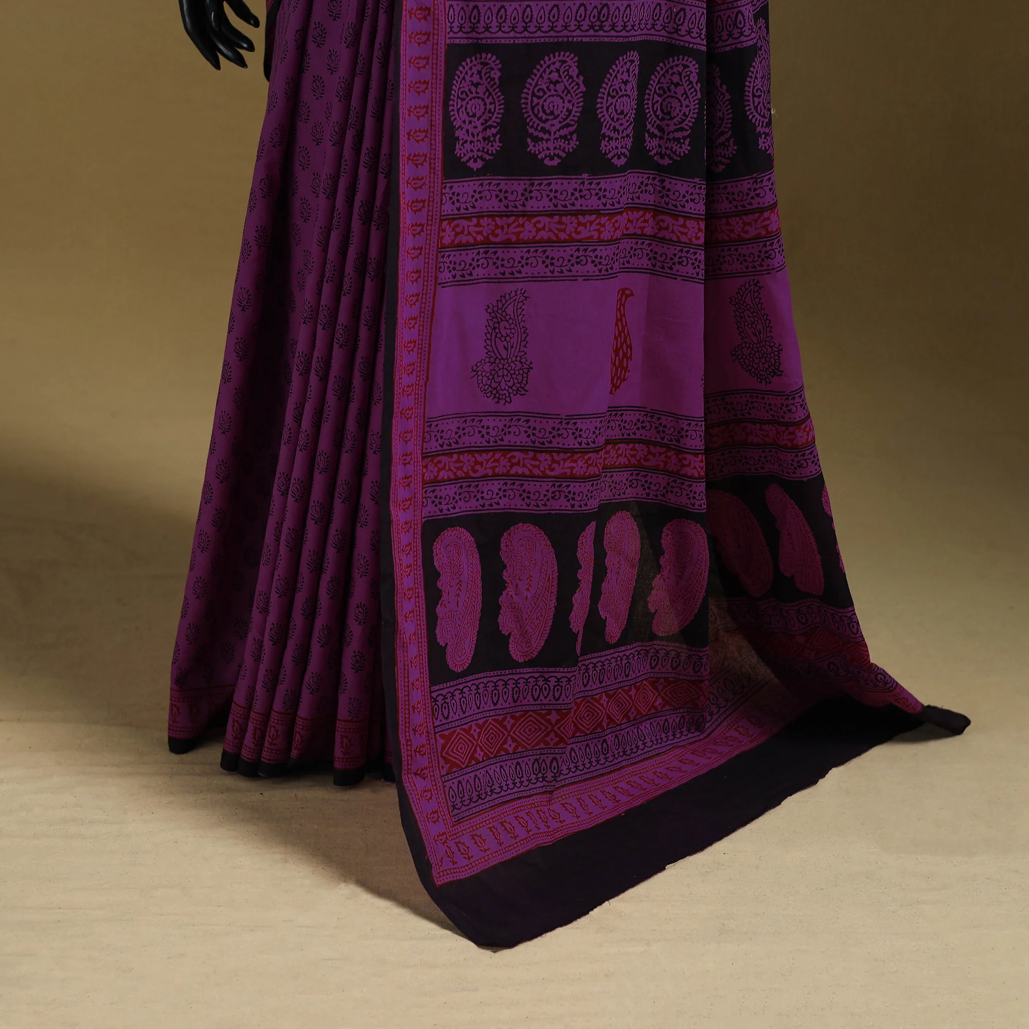 Purple - Bagh Hand Block Print Natural Dyed Cotton Saree 05 - Image 4